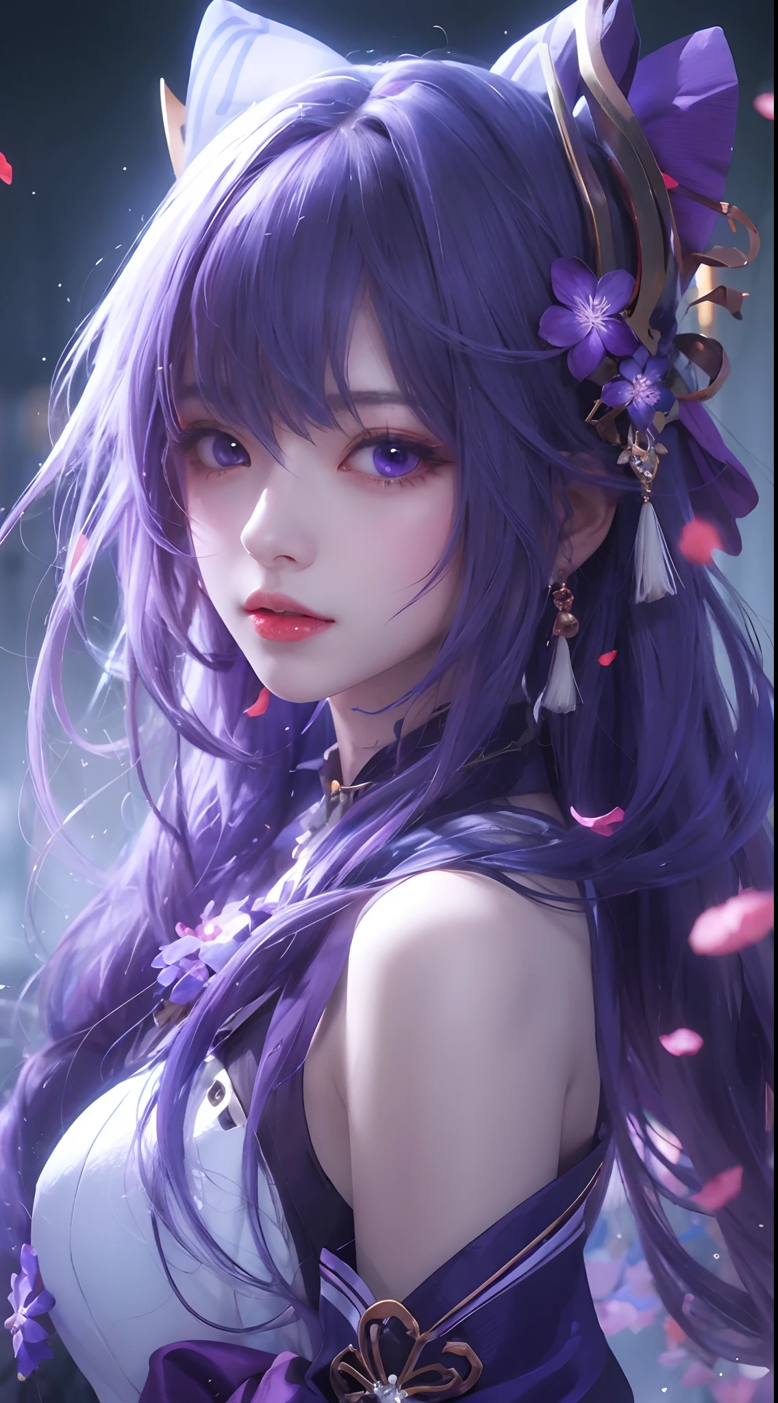 anime girl with long purple hair and a purple dress,There are flowers on the hair, Beautiful anime girl, a beautiful anime portrait, style of anime4 K, Anime art wallpaper 8 K, Anime art wallpaper 4k, Anime art wallpaper 4 K, Beautiful anime woman, Smooth anime CG art, Stunning anime face portrait, Anime wallpaper 4 k, Anime wallpaper 4K, Detailed digital anime art