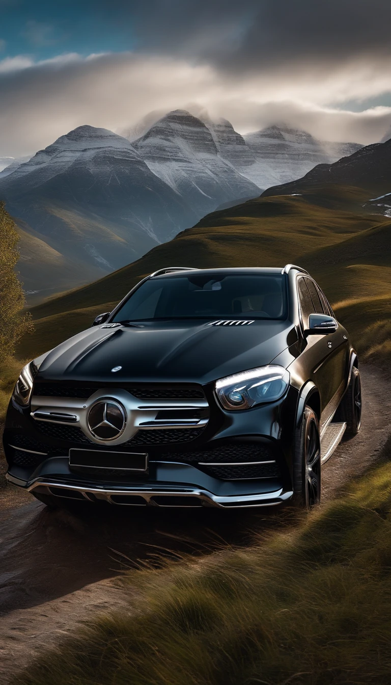 ultra-realistic image,On the way to the snowy mountains,Drive a black Mercedes GLE off-road SUV