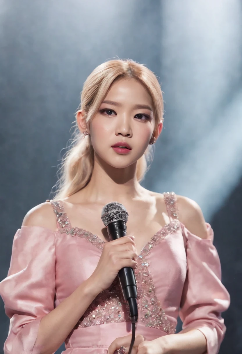 blackpink member Rosé with blonde hair in slick low ponytail wearing pink dress with rhinestones and buttons on stage holding a microphone , highly detailed realistic