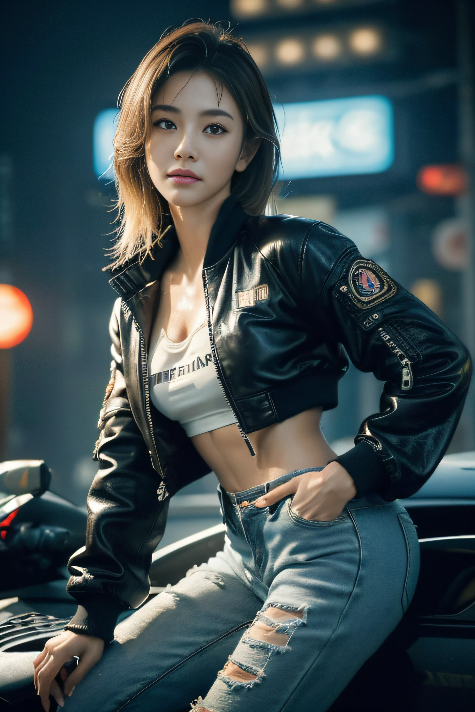 (masterpiece:1.2), ultra detailed, ultra high res, (realistic, photo realistic:1.37), high detail RAW color photo, professional photograph, an extremely delicate and beautiful, extremely detailed, finely detail, huge file size, extremely detailed beautiful girl, extremely detailed face, extremely detailed eyes, extremely detailed skin, extremely detailed nose, extremely detailed mouth, perfect anatomy, highly detailed background, shiny skin, (Japanese famous actress:1.5), (gyaru:1.25), flat chest, (brown race, dark skin, blond hair), (very short hair), cinematic lighting, (any Pose:1.5), cowboy shot, denim pants, (wearing black air bomber jacket with many patches:1.3), (cyberpunk city:1.45), (wet skin, wet hair, wet cloth:1.3)