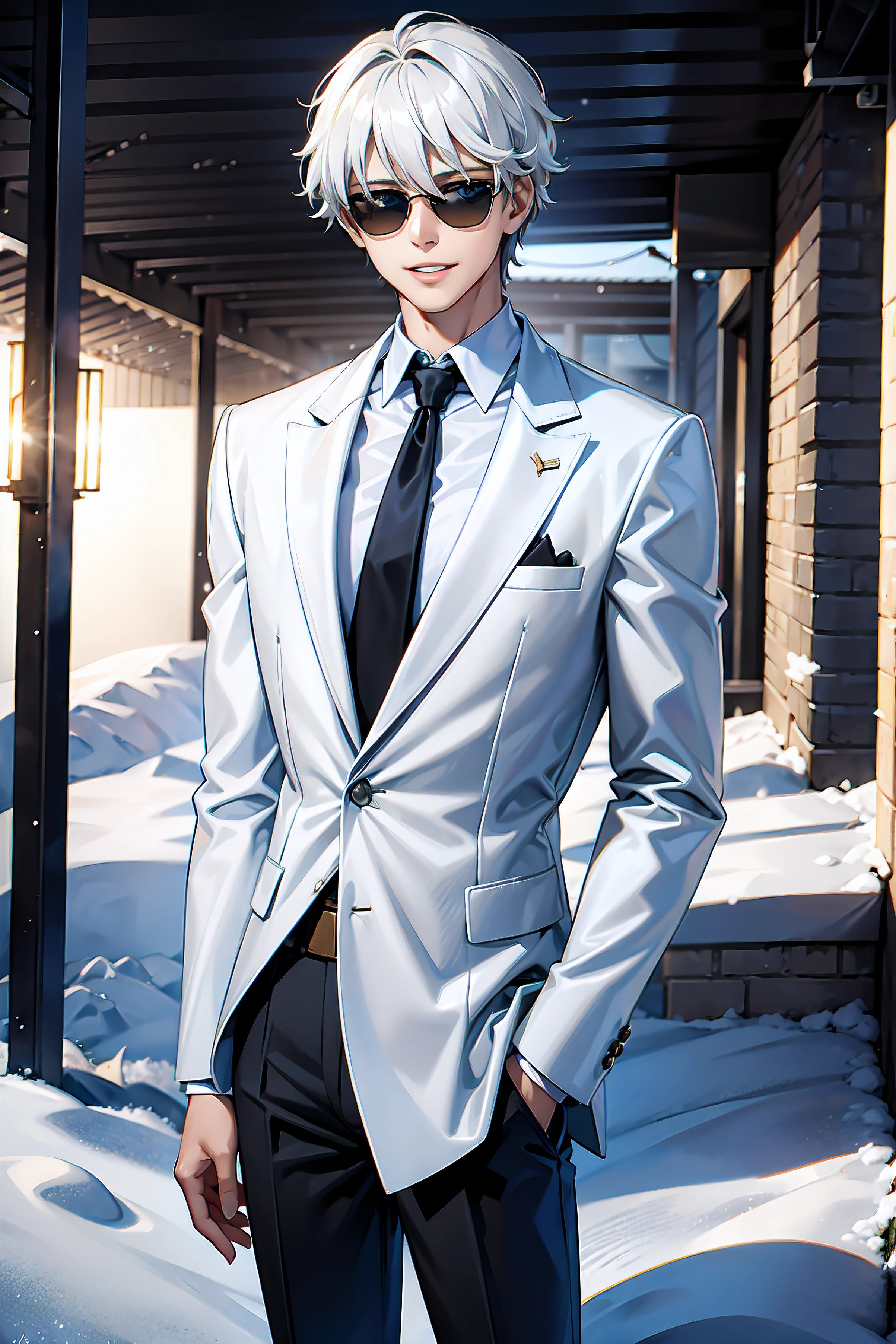 Best quality, masterpiece, 4k, 8k, ultrasharp, high quality, urban city, 1boy, boy, tall boy, looking at the viewer, standing straight, smiling with teeth open, beautiful face, lips and nose, beautiful light blue eyes, snow-white fluffy layered hair, bangs covering his eyes, wearing black suit, white polo long sleeves, a neck tie, black pants, jet-black sunglasses, high resolution, ultrasharp, 4k, 8k, best quality
