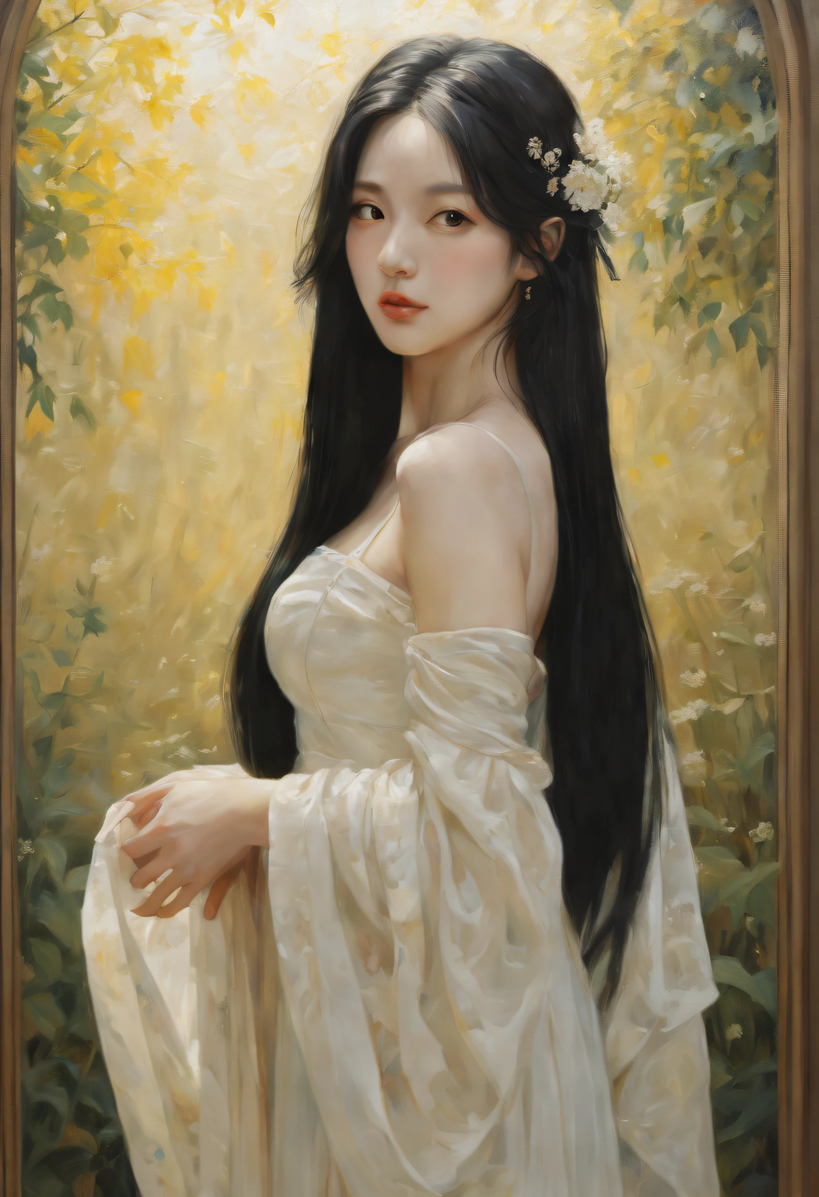 (oil painted:1.5), \\ A woman with long black hair,rays of sunshine,big breasts beautiful(Amy Saul:0.248),(Stanley Ategg Liu:0.106),(A detailed painting:0.353),(gothic art:0.106)
