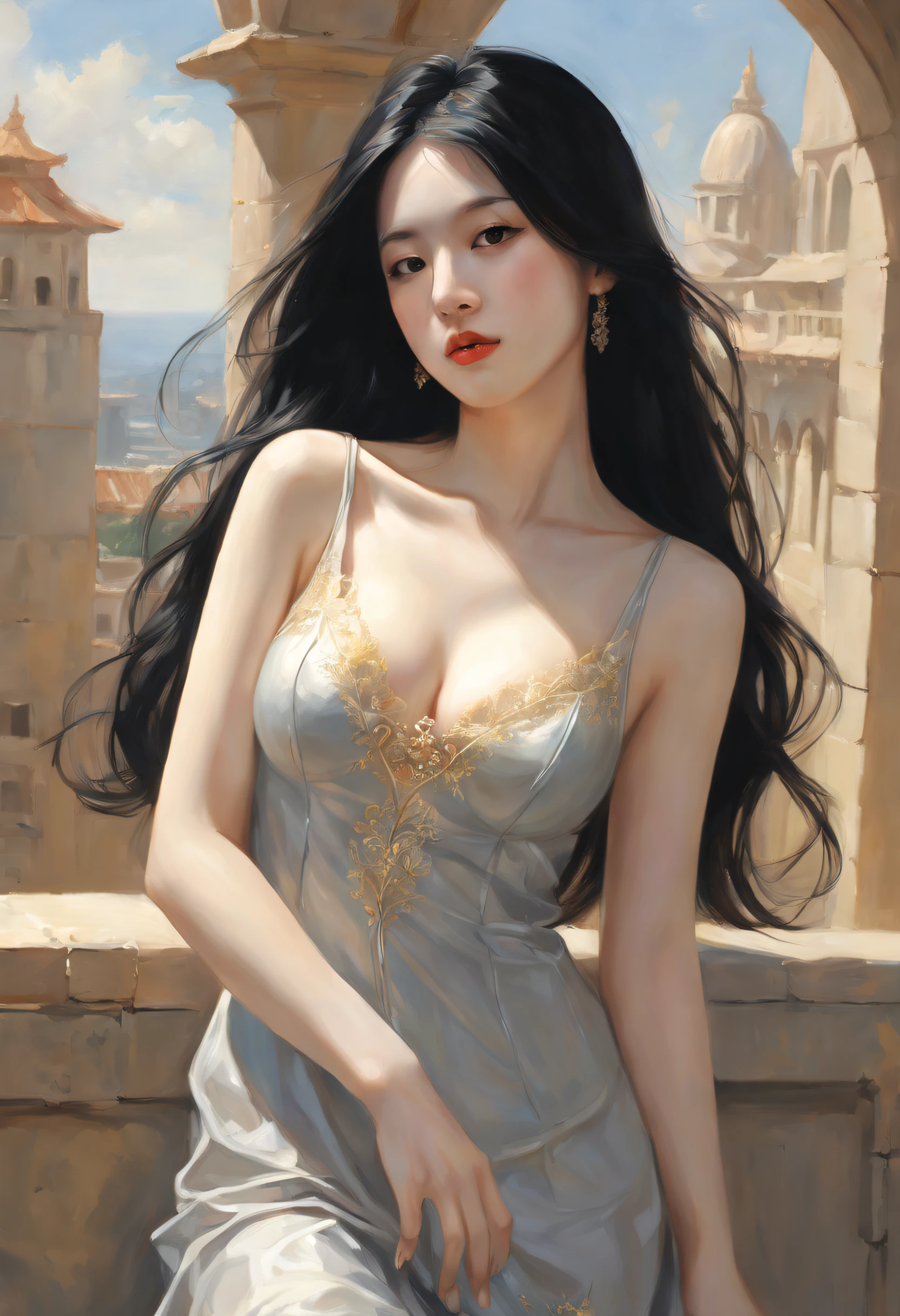 (oil painted:1.5), \\ A woman with long black hair,rays of sunshine,big breasts beautiful(Amy Saul:0.248),(Stanley Ategg Liu:0.106),(A detailed painting:0.353),(gothic art:0.106)