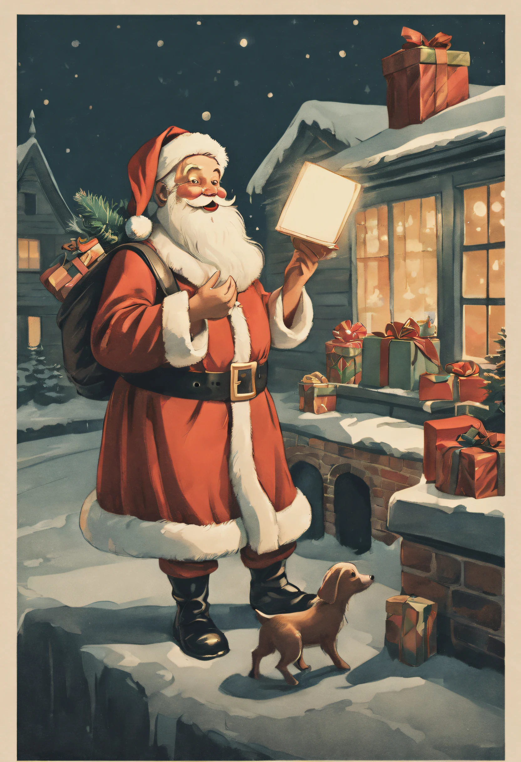 Santa Claus giving presents, night, cartoon illustration style, vintage tones