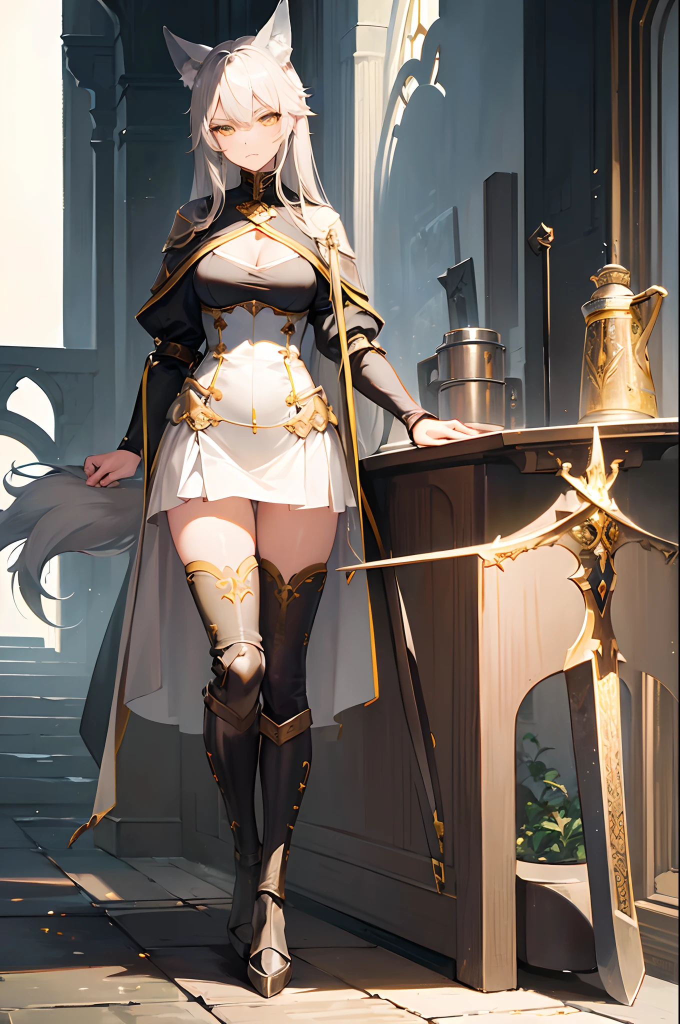 (Masterpiece, best quality, beautiful eyes, highly detailed, high res, anime), 1 girl, wolf ears, wolf tail, yellow eyes, grey hair, Inquisitor, knight, faith, full body, sword, small breasts, cleavage, angry, prideful, sexy, mature woman,
