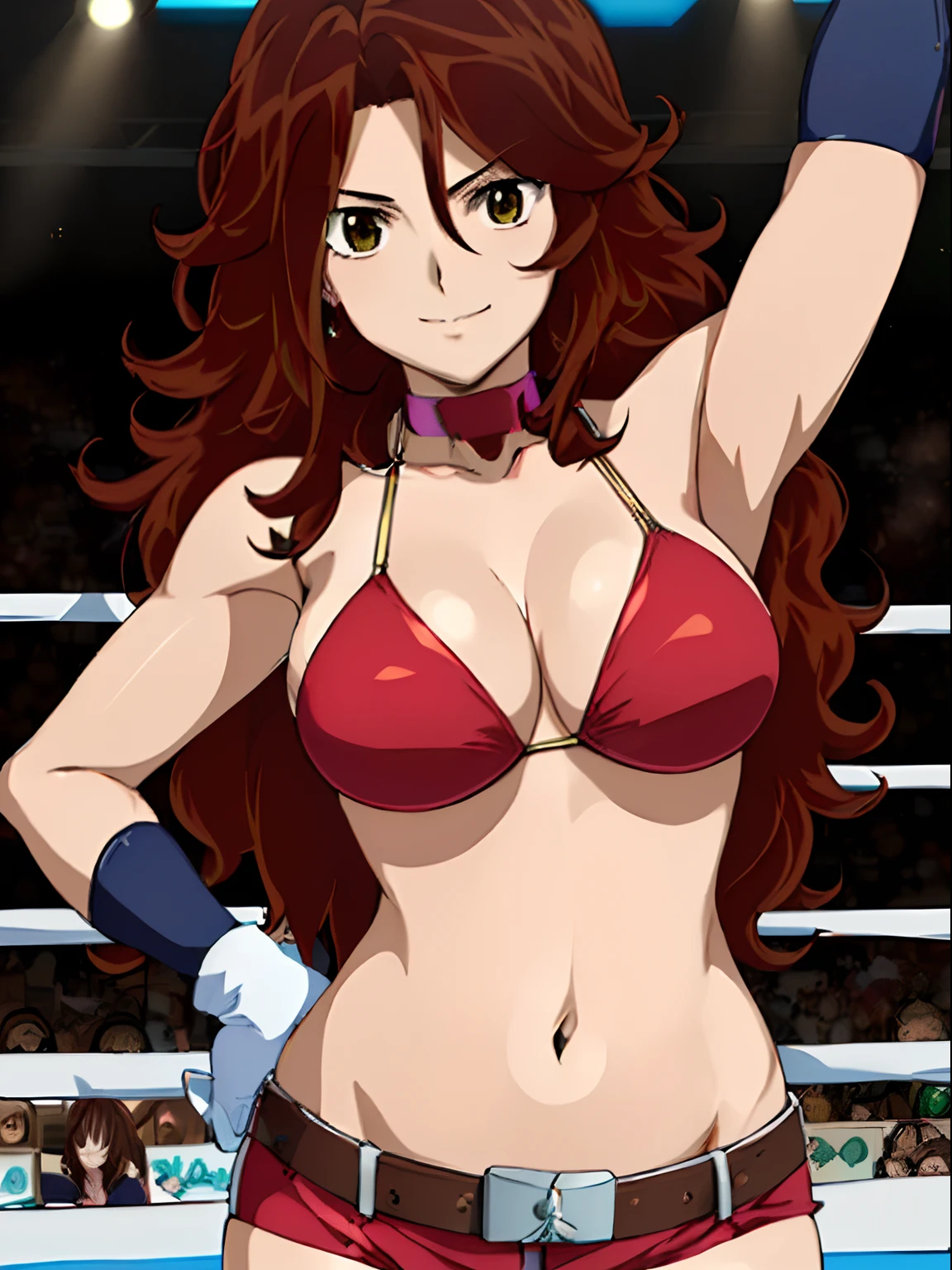 Best Quality, hires, curvy midsection, solo, 1 girl, strong woman, female wrestler, smile, happy), (detailed titration screen, upper body only, anime style: 1.8, anime drawing, ultra detailed face, ultra detailed body, 4k, Sumergai Lee Noriega, (standing), best quality, anime style, hires, highest definition, digital blending, bold drawing lines, ((wwe diva), ((location: wrestling arena, crowds watching)), ( pro female wrestler, long attractive belly, slim body, (strong arm muscles), broad shoulders , off-shoulders, closed fists, (very curvy: 2.8)), ((elegant red bikini , shorts, white gloves, collar, arm band, (champion belt))), (pale skin, big breasts, closed mouth), (big eyes, brown eyes, shiny eyes), (), (reddish hair, loose hair, curly hair, wavy hair, long hair, missy hair), 27 years old