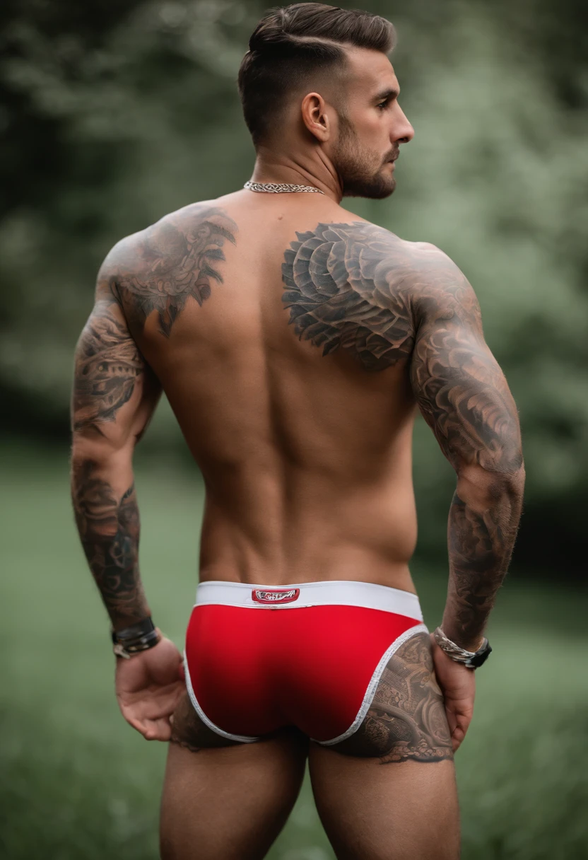 arafed man in red , his legs spread apart, all red, twunk, 30 year old man :: athletic, wearing red jockstrap, jock, athletic tall handsome guys, in red rugby stockings, hairy legs,  legs with tattoos on his legs and a tattoo on his arm, inked, with tattoos, tattooed, tattooed man, tattooed body, lower half of his body is snake, inked and colored, blue undergarments, muscular body tattooed, tattoos all over the skin,   ad, lots of details