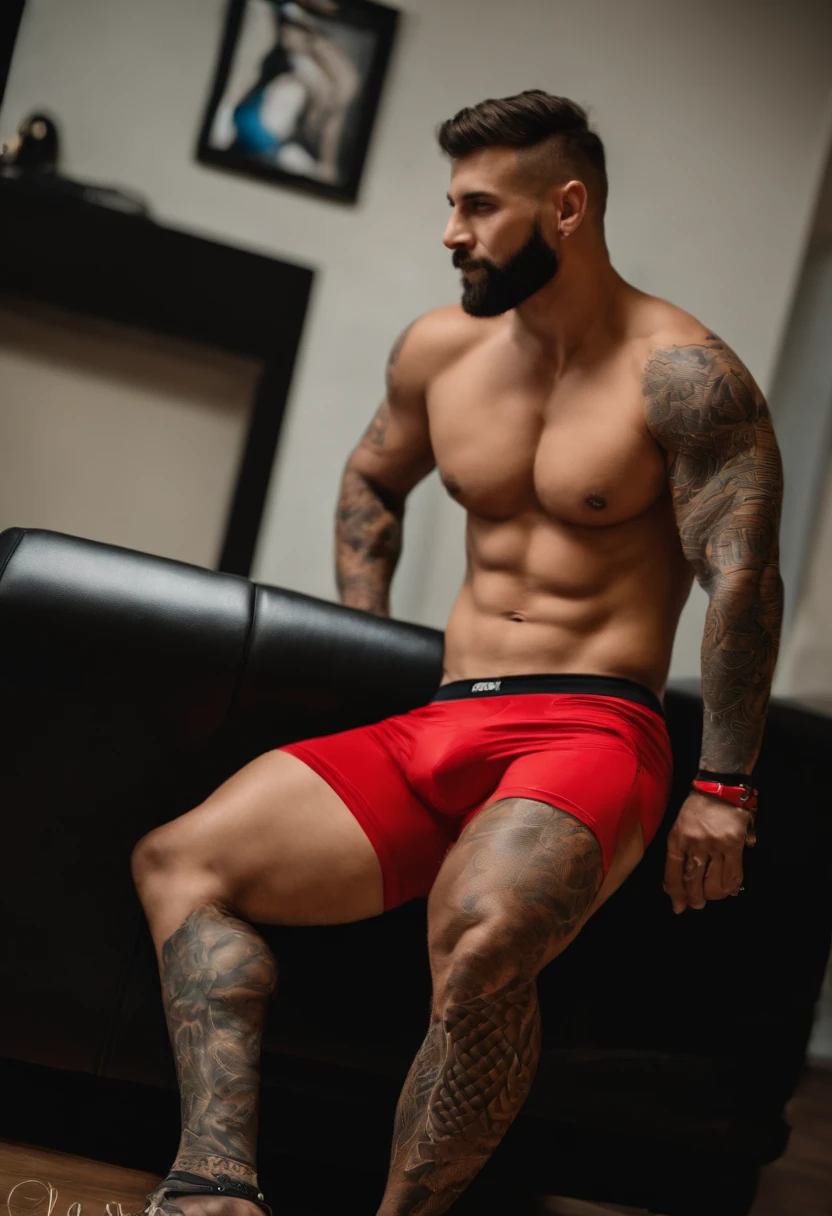 arafed man in red underwear, his legs spread apart, all red, twunk, 30 year old man :: athletic, wearing red jockstrap, jock, athletic tall handsome guys, in red rugby stockings, hairy legs, chest legs with tattoos on his legs and a tattoo on his arm, inked, with tattoos, tattooed, tattooed man, tattooed body, lower half of his body is snake, inked and colored, blue undergarments, muscular body tattooed, tattoos all over the skin, sexy underwear ad, lots of details