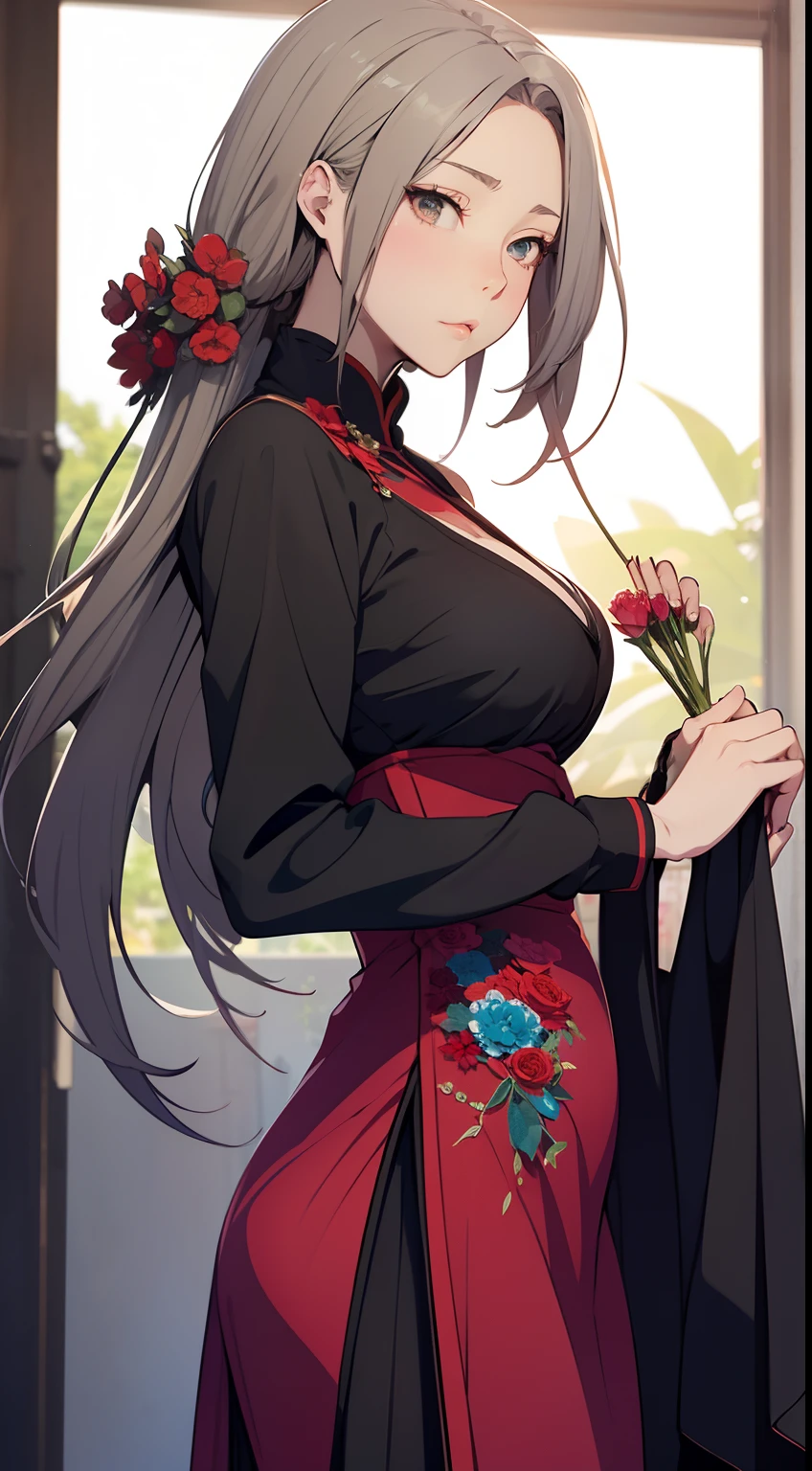 Anime girl in red and black dress with red flowers in her hair, artwork in the style of guweiz, guweiz, Chinese girl, Trending on CGSTATION, Cute anime waifu in a nice dress, guweiz on pixiv artstation, palatial palace , a girl in hanfu, beautiful digital works of art, guweiz on artstation pixiv