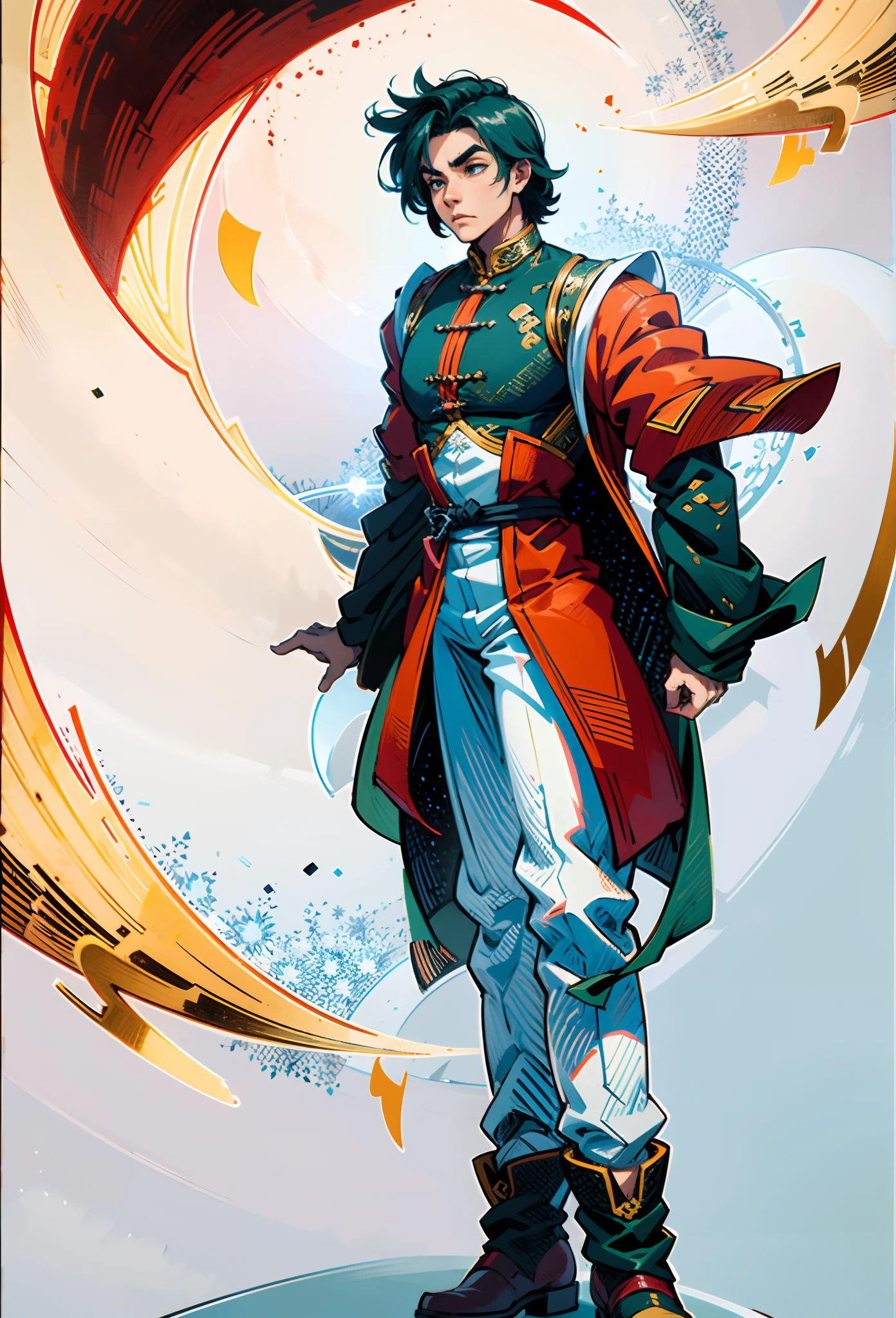 A young man with short aquamarine hair, sharp eyebrows, starry eyes, radiating a righteous aura, a two-piece fantasy wuxia-style outfit, featuring a traditional Chinese martial arts long gown, a wide overcoat, flowing sleeves, the color scheme is mainly red and white, with yellow as secondary colors, matching trousers, sturdy cloth boots, the background depicts a dreamy pattern of geometric symbols and stars, this character embodies a finely crafted fantasy-style Chinese martial hero in anime style, characterized by an exquisite and mature manga illustration art style, full body character drawing, high definition, best quality, highres, ultra-detailed, ultra-fine painting, extremely delicate, professional, anatomically correct, symmetrical face, extremely detailed eyes and face, high quality eyes, creativity, RAW photo, UHD, 8k, Natural light, cinematic lighting, masterpiece:1.5