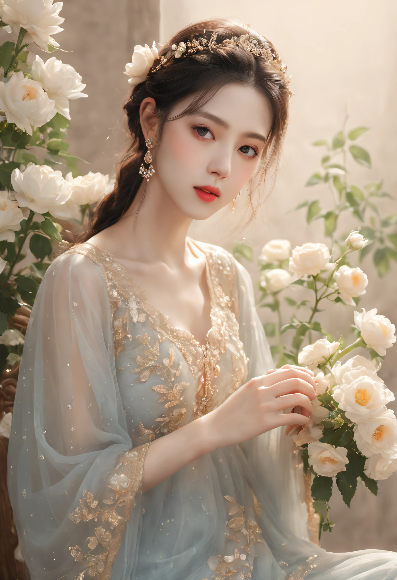 (Best quality,8K,A high resolution,Masterpiece:1.2),Ultra-detailed,(Realistic,Photorealistic,photo-realistic:1.37),Creative style artwork,Historical,classical,Sophisticated,plethora of colors,Highly detailed,Soft lighting,luxurious environment,detailed gown,Vibrant flowers,detailed jewellery,Ethereal atmosphere,Elegant Pose,Graceful curves,Gold body proportions，Flowing hair,Breathtaking textile patterns,Delicate floral decoration,A dazzling array of crystal accessories,Mysterious and dreamy atmosphere,Impeccable attention to detail