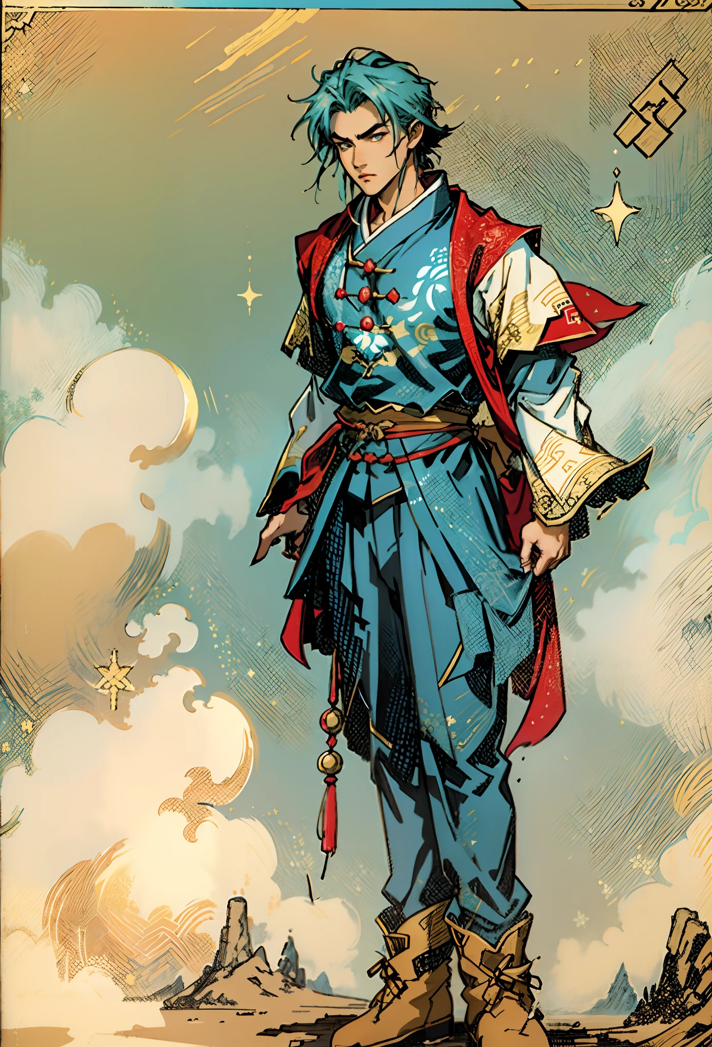 A young man with short aquamarine hair, sharp eyebrows, starry eyes, radiating a righteous aura, a two-piece fantasy wuxia-style outfit, featuring a traditional Chinese martial arts long gown, a wide overcoat, flowing sleeves, the color scheme is mainly red and white, with yellow as secondary colors, matching trousers, sturdy cloth boots, the background depicts a dreamy pattern of geometric symbols and stars, this character embodies a finely crafted fantasy-style Chinese martial hero in anime style, characterized by an exquisite and mature manga illustration art style, full body character drawing, high definition, best quality, highres, ultra-detailed, ultra-fine painting, extremely delicate, professional, anatomically correct, symmetrical face, extremely detailed eyes and face, high quality eyes, creativity, RAW photo, UHD, 8k, Natural light, cinematic lighting, masterpiece:1.5