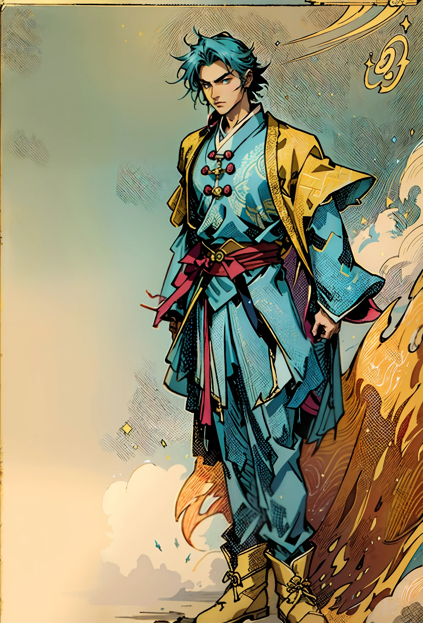 A young man with short aquamarine hair, sharp eyebrows, starry eyes, radiating a righteous aura, a two-piece fantasy wuxia-style outfit, featuring a traditional Chinese martial arts long gown, a wide overcoat, flowing sleeves, the color scheme is mainly red and white, with yellow as secondary colors, matching trousers, sturdy cloth boots, the background depicts a dreamy pattern of geometric symbols and stars, this character embodies a finely crafted fantasy-style Chinese martial hero in anime style, characterized by an exquisite and mature manga illustration art style, full body character drawing, high definition, best quality, highres, ultra-detailed, ultra-fine painting, extremely delicate, professional, anatomically correct, symmetrical face, extremely detailed eyes and face, high quality eyes, creativity, RAW photo, UHD, 8k, Natural light, cinematic lighting, masterpiece:1.5