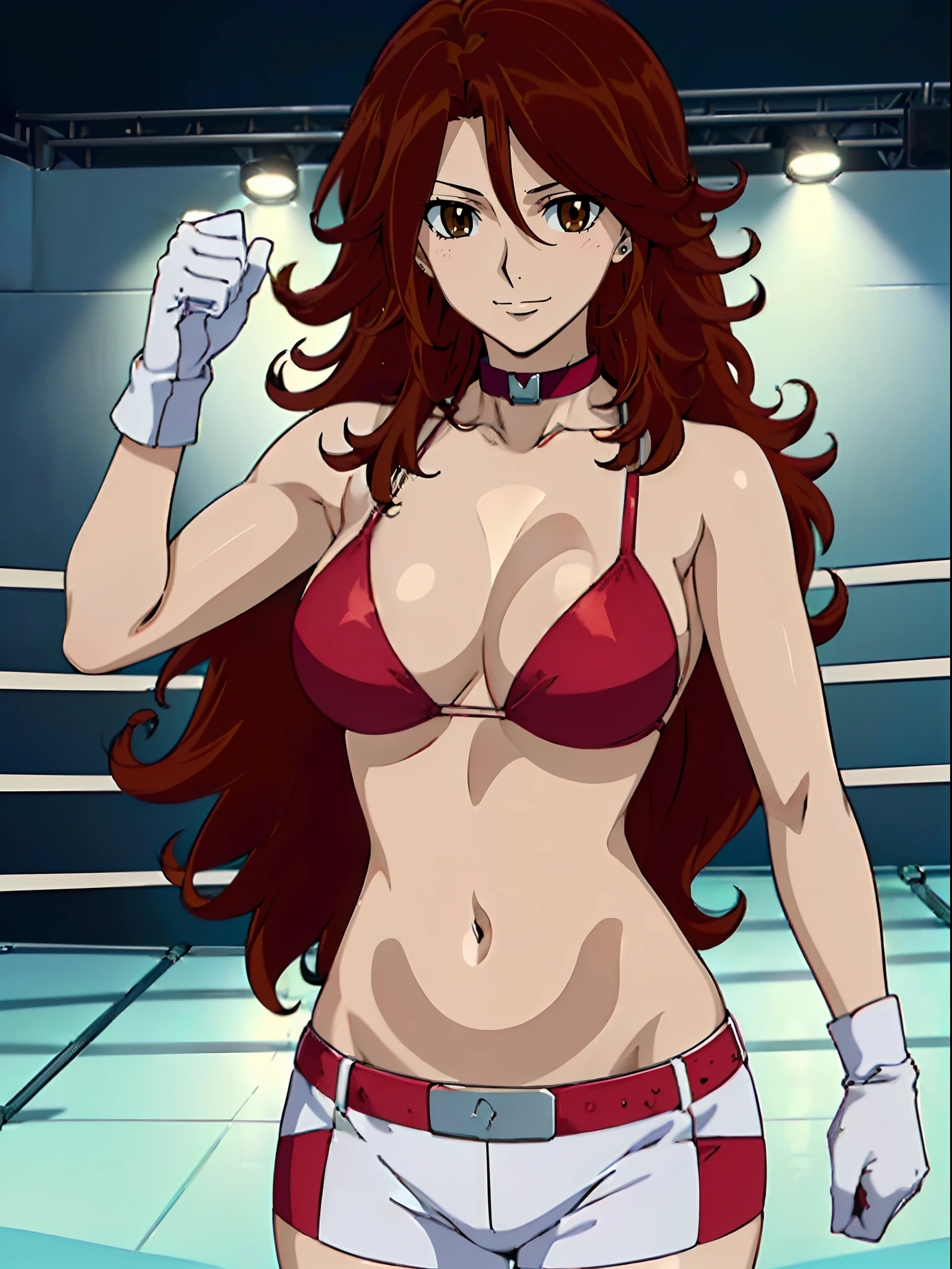 Best Quality, hires, curvy midsection, solo, 1 girl, strong woman, female wrestler, smile, happy), (detailed titration screen, upper body only, anime style: 1.8, anime drawing, ultra detailed face, ultra detailed body, 4k, Sumergai Lee Noriega, (standing), best quality, anime style, hires, highest definition, digital blending, bold drawing lines, ((wwe diva), ((location: wrestling arena, crowds watching)), ( pro female wrestler, long attractive belly, slim body, (strong arm muscles), broad shoulders , off-shoulders, closed fists, (very curvy: 2.8)), ((elegant red bikini , shorts, white gloves, collar, arm band, (champion belt))), (pale skin, big breasts, closed mouth), (big eyes, brown eyes, shiny eyes), (), (reddish hair, loose hair, curly hair, wavy hair, long hair, missy hair), 27 years old