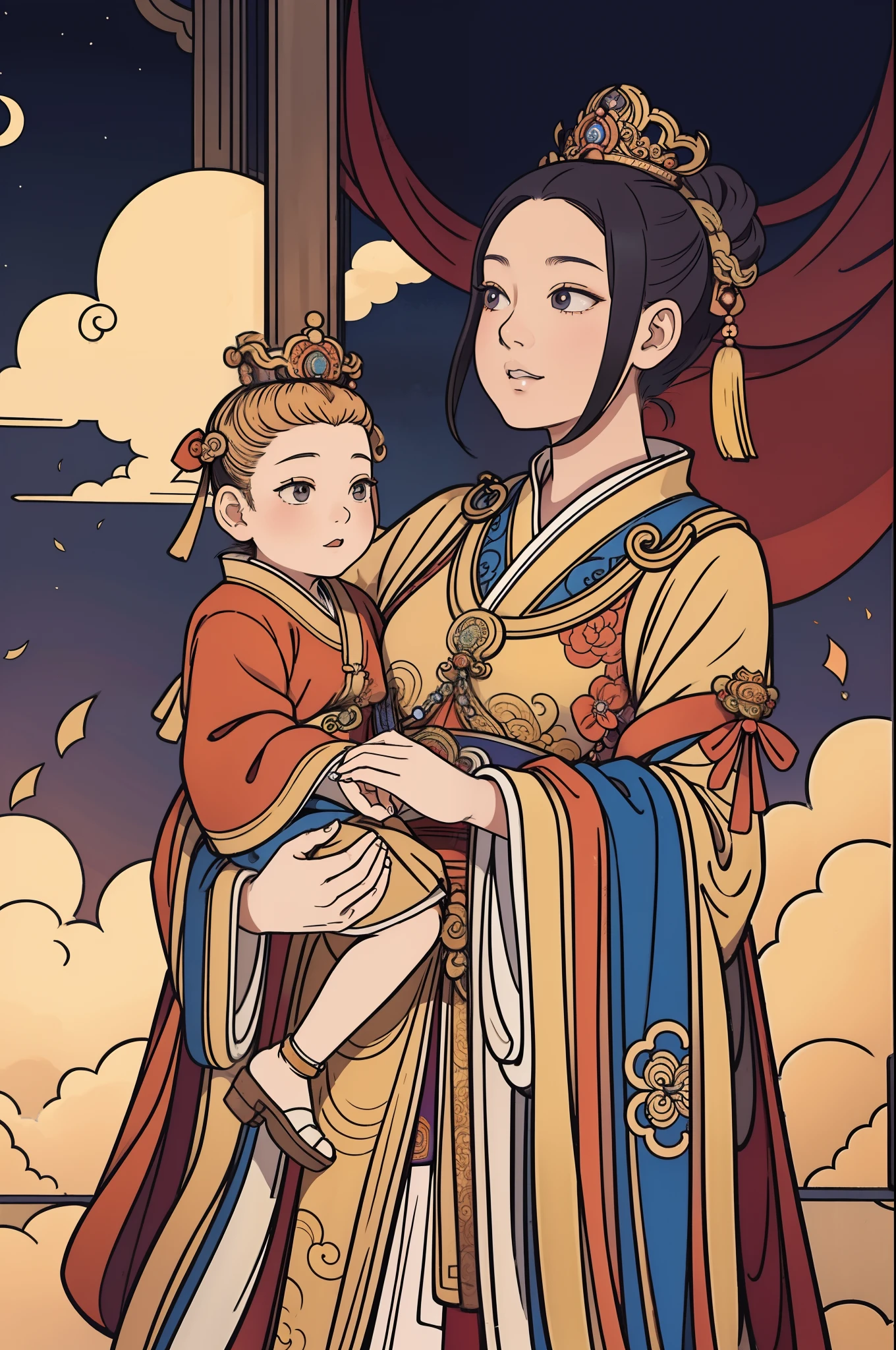 The beautiful 16-year-old Chinese queen holds a little prince wearing shavings in her arms, Walking, Straight eyes, radiating a brilliant aura, Rosary handle: 1.5),  Crown Team, (Systemic: 2.0), Stand in the cloud, full body: 2.0,