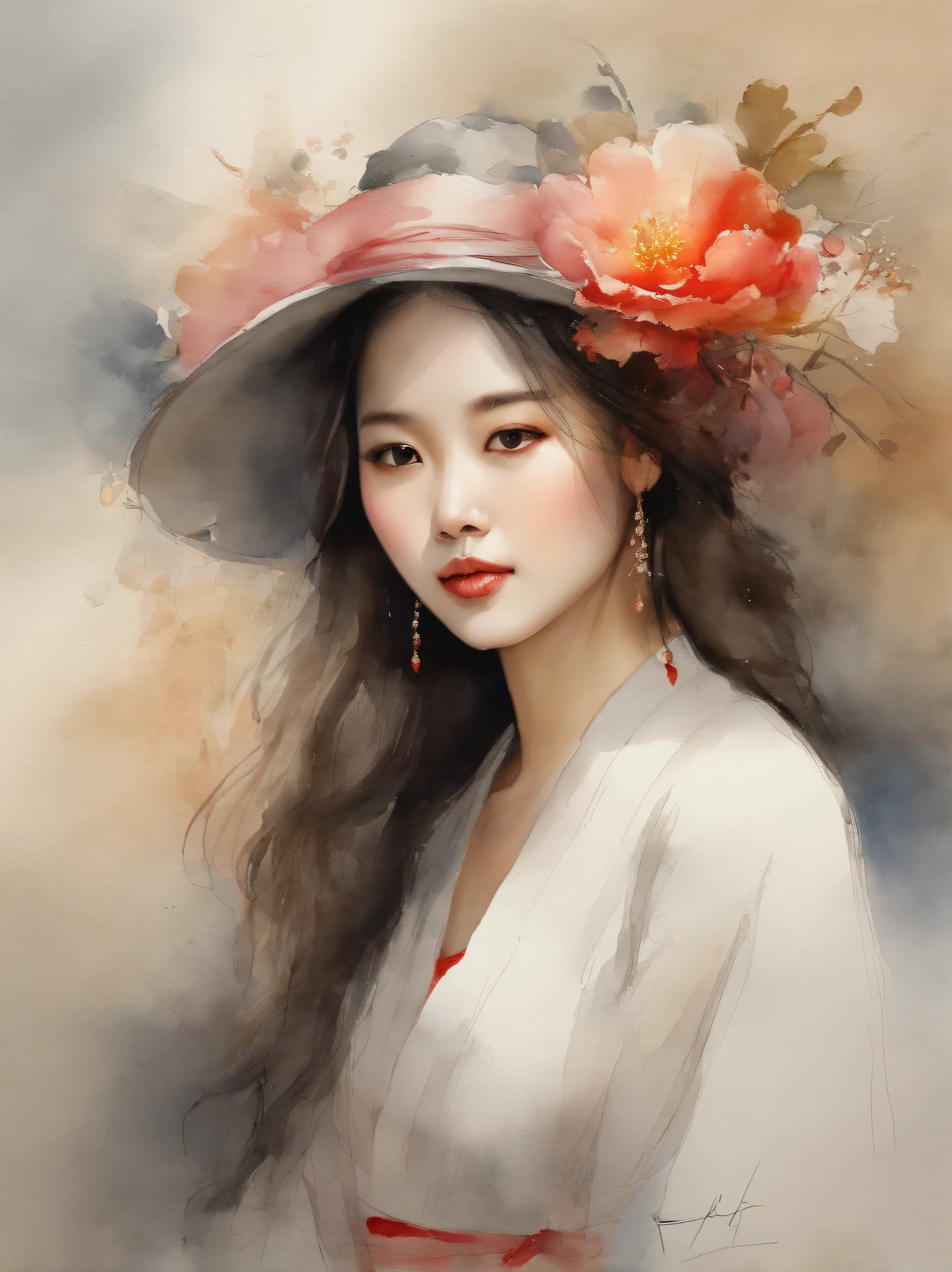 Watercolor painting of a Very Beautiful Korean girl : : Trending on Artstation: : Simple composition creates a sense of order and harmony. The painting reflects the spiritual qualities of the natural world. --up light --ar 9:16