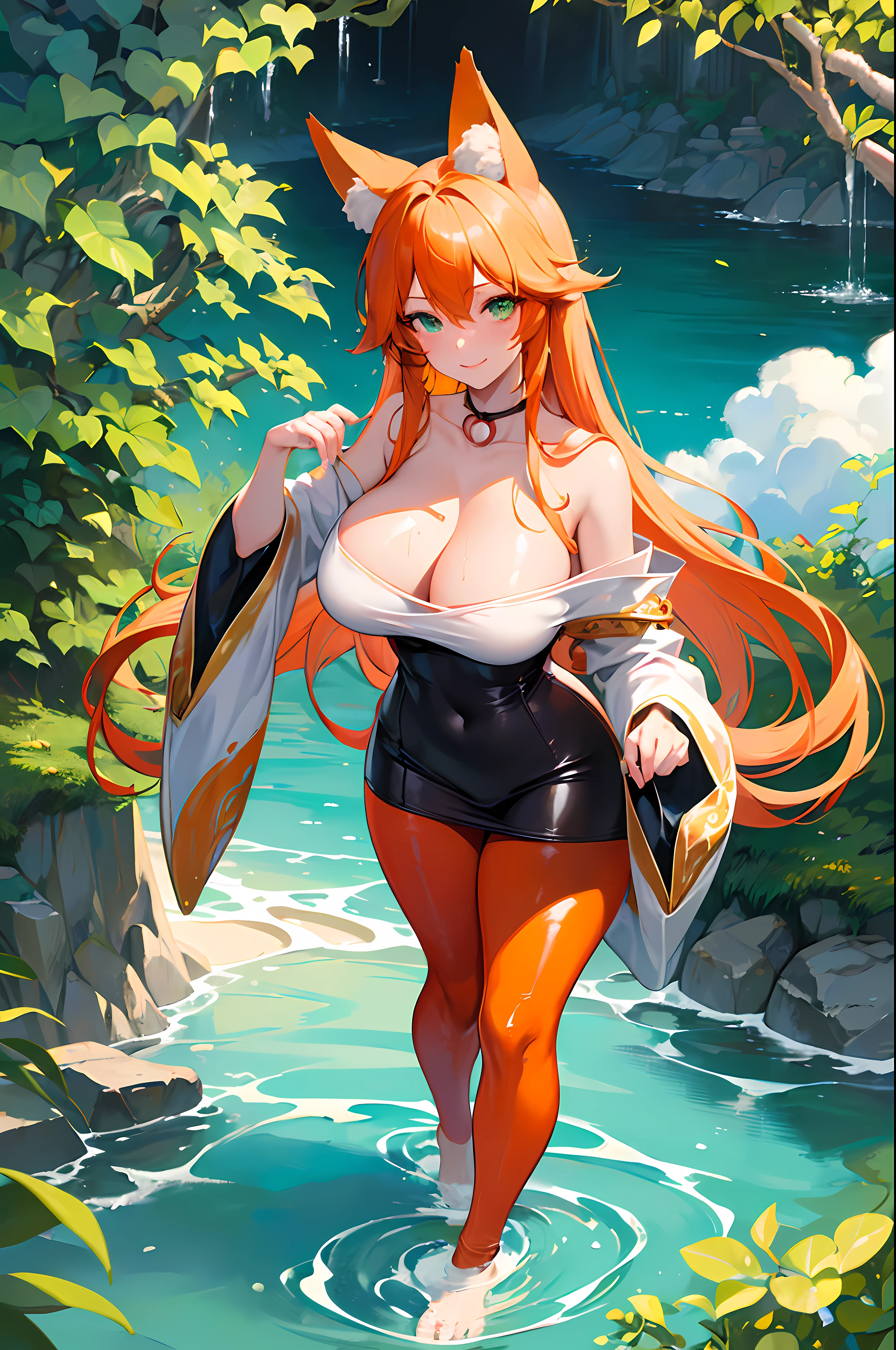 (Masterpiece, best quality, beautiful eyes, highly detailed, high res, anime), 1 girl, fox ears, fox tail, orange hair, green eyes, massive breasts, massive cleavage, Japanese priestess, Japanese dress, barefoot, seductive smile, water, temple, sexy, mature woman, wet clothes, wet skin, tight clothes, thick tights,