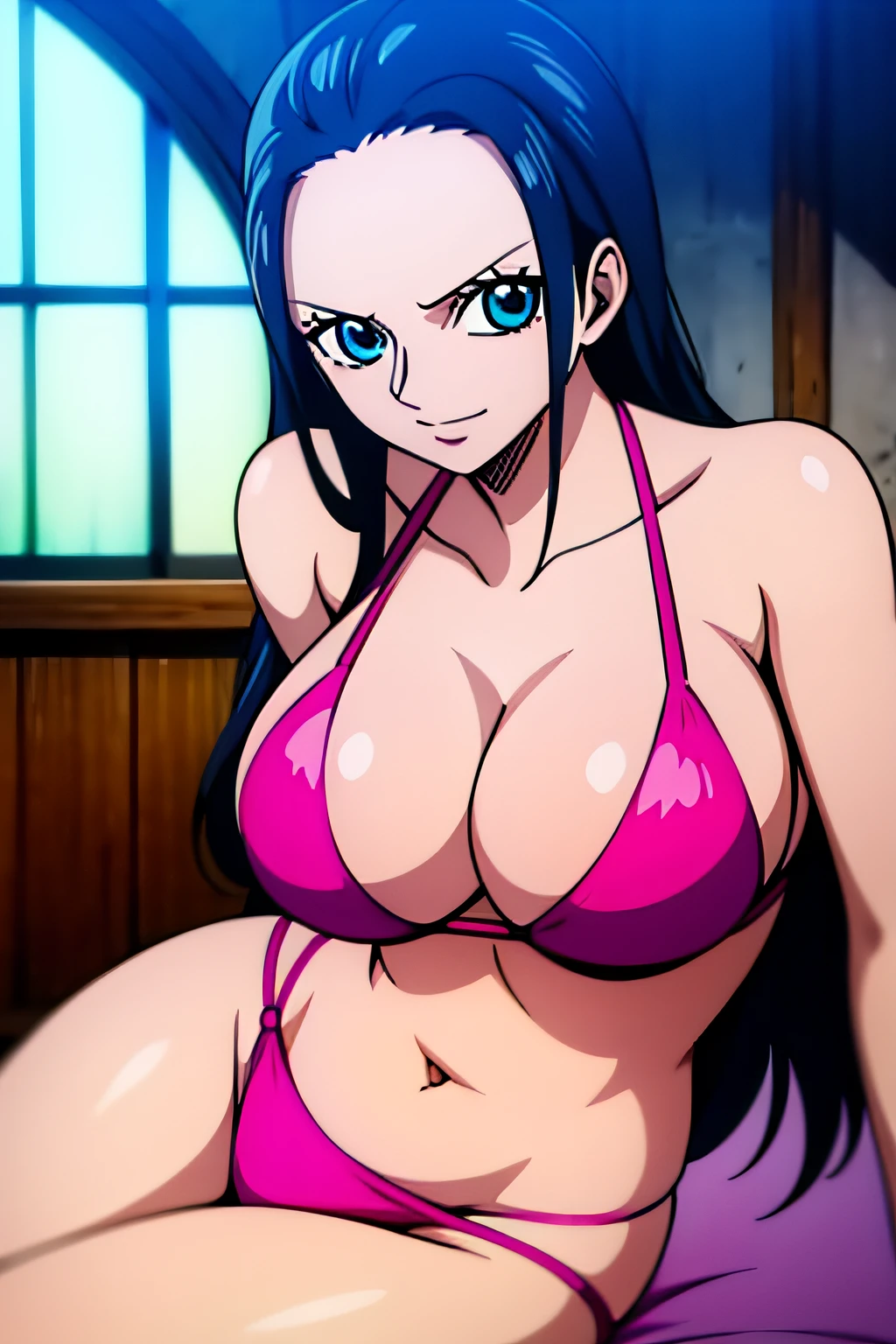 Robin de One Piece, pose sexy, Y si , Elly, Sari rojo, 8k, anime, ribera, teta grande, grande, Se ve sexy perfecta calidad ojos ojos azules, bikini rosa, pink bikini, bed, house, night, blue eyes,