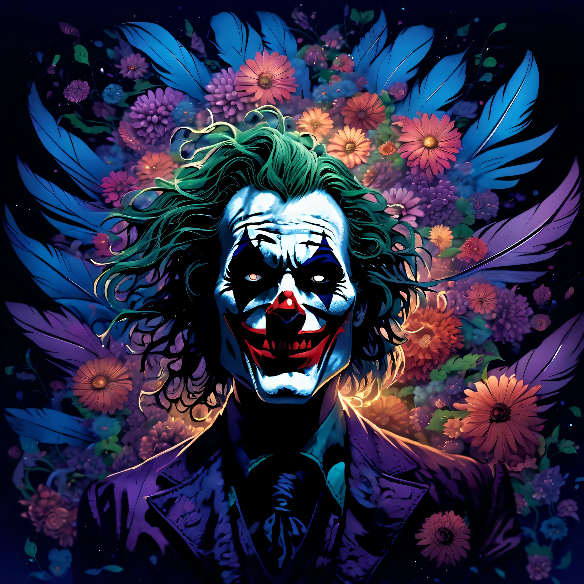 (distant melody of joker illustration:1.3), (four seasons and each season represented by delicate flower petal background:1.3), crushing darkness, ancient magic atmosphere, (around skull melody line Illumina color with swirling smoke:1.3), single flower of courage, flower sword, fused azure long messy with shaggy hair and freeze motion and blowing glow, undead crawling out from underground of dark fantasy, trembling earth, a performance played by death plays the time of death, (((intricate insane details:1.3))), (((extremely details:1.3))), (((highly quality:1.3))), (high resolution:1.3), awe glow moon lighting, (black feathers dance:1.2), high contrast, dream illustration of a dying world, fused azure long messy with shaggy hair and freeze motion and blowing glow,