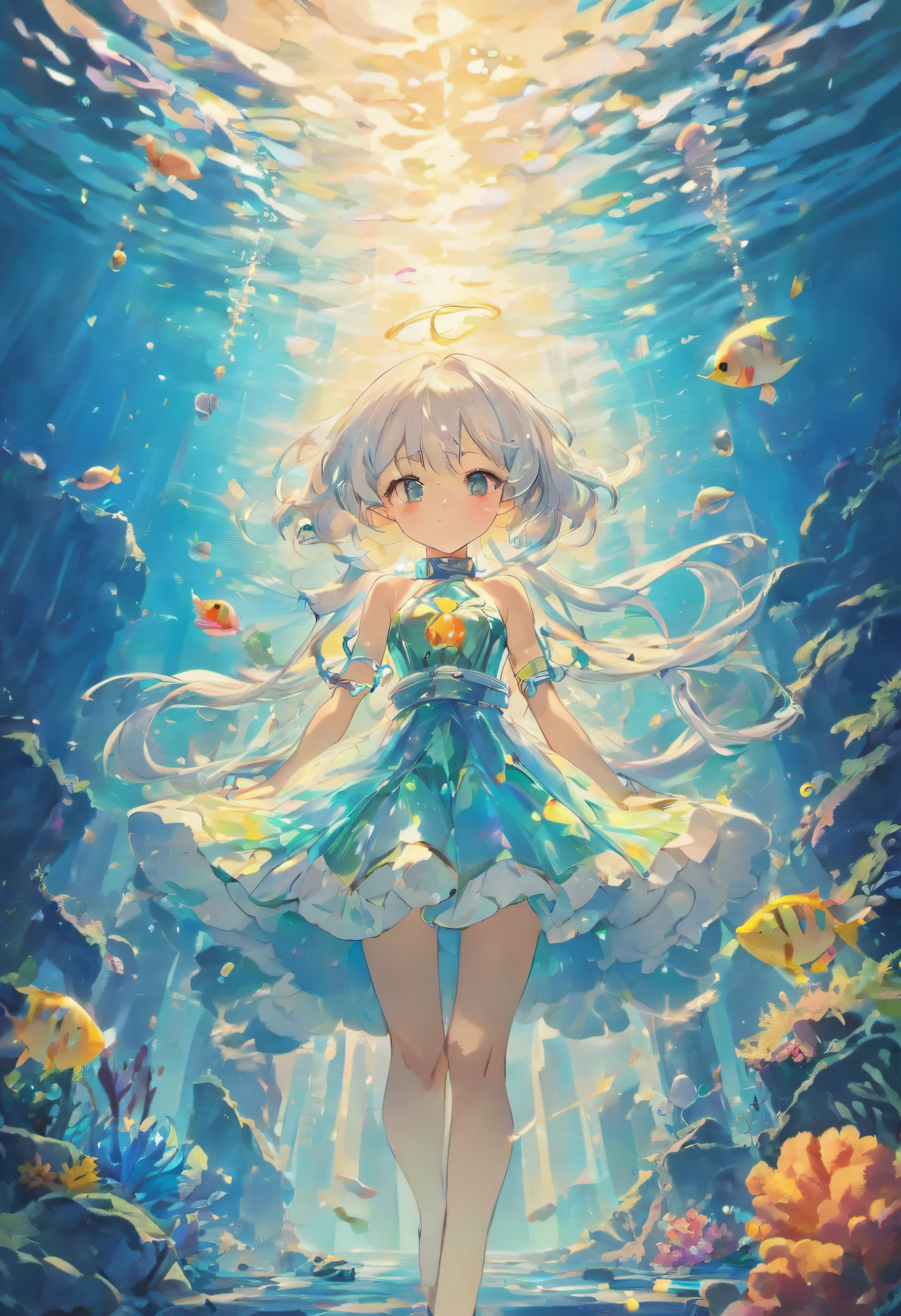 Undersea juvenile silver-haired shell house,Short white hair and big babes,Colorful bubbles,A plant,Glowing small fish,Sparkling,ocean floor,( reasonable design, Clear lines, High sharpness,Best quality, Very detailed, Masterpiece, movie light effect, 4K )