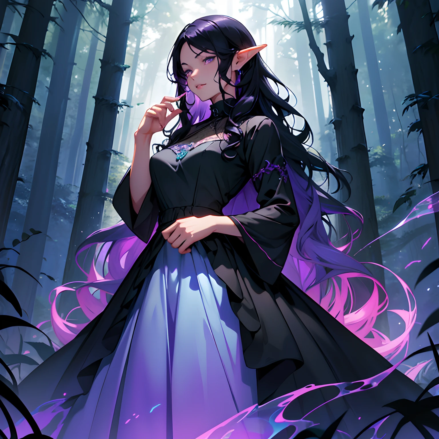A girl with blue-black hair, purple eyes, fair skin, A small, neat nose, plump pink lips, long wavy hair. Standing in a magical forest. Her faithful dress flows over her, which covers her body. A nymph's dress. Black dress. slightly. She's doing magic. Her magic is like a black translucent haze hovering around her. Magical forest in turquoise, dark blue and green shades. warm light. calm facial expression, magical pose, hands raised, witchcraft, magical, black dress elf dress fairy dress slender figure, purple eyes, dark purple eyes. Black magic. purple smoke. silk form-fitting dress. long black wavy hair. detailed face.