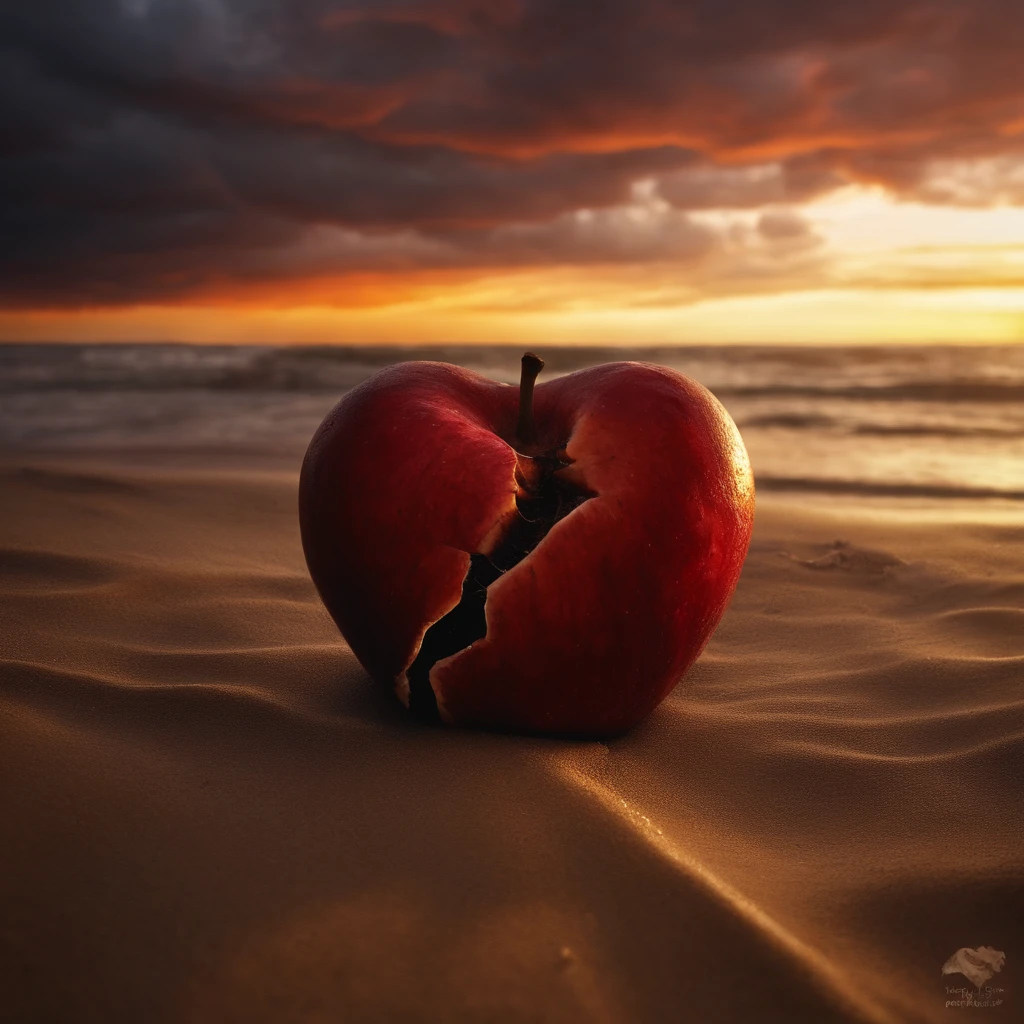 dead heart on beach, broken heart, rotting flesh, poison apple, decaying love, stormy sunset, lighting photorealistic, highly detailed, angry waves