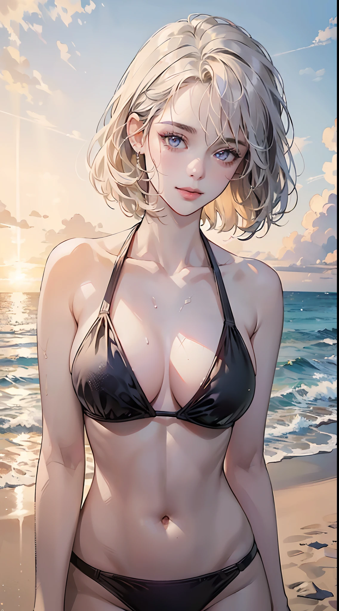 ((((masterpiece, best quality, high resolution)))), Extremely detailed 8K, Beautiful girl with slender body, (Ultra HD, Ultra-detailed, Highly detailed, Highly realistic, Ultra-realistic, photograph realistic), (1girl:1.5), white hair, short wavy hair, bob cut, purple eyes, light smile, (large breasts: 1.2), wet clothes, (neon patterns bikini), beach, (sunbeam, sunlight, rose, wind),