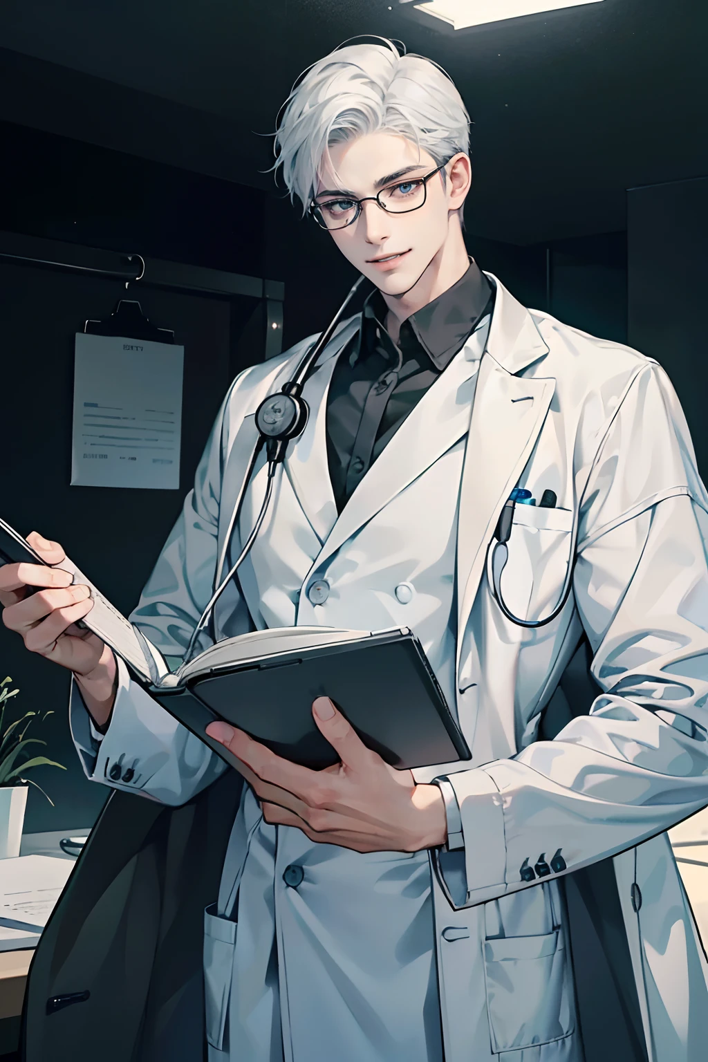 1 boy,Handsome face, perfect male body,look at the camera, (Evil smile,Doctor, white coat, notebook in hand,stethoscope, eyeglasses),hospital ward,Dim light,dark room,masterpiece,half body, portrait,Ray tracing