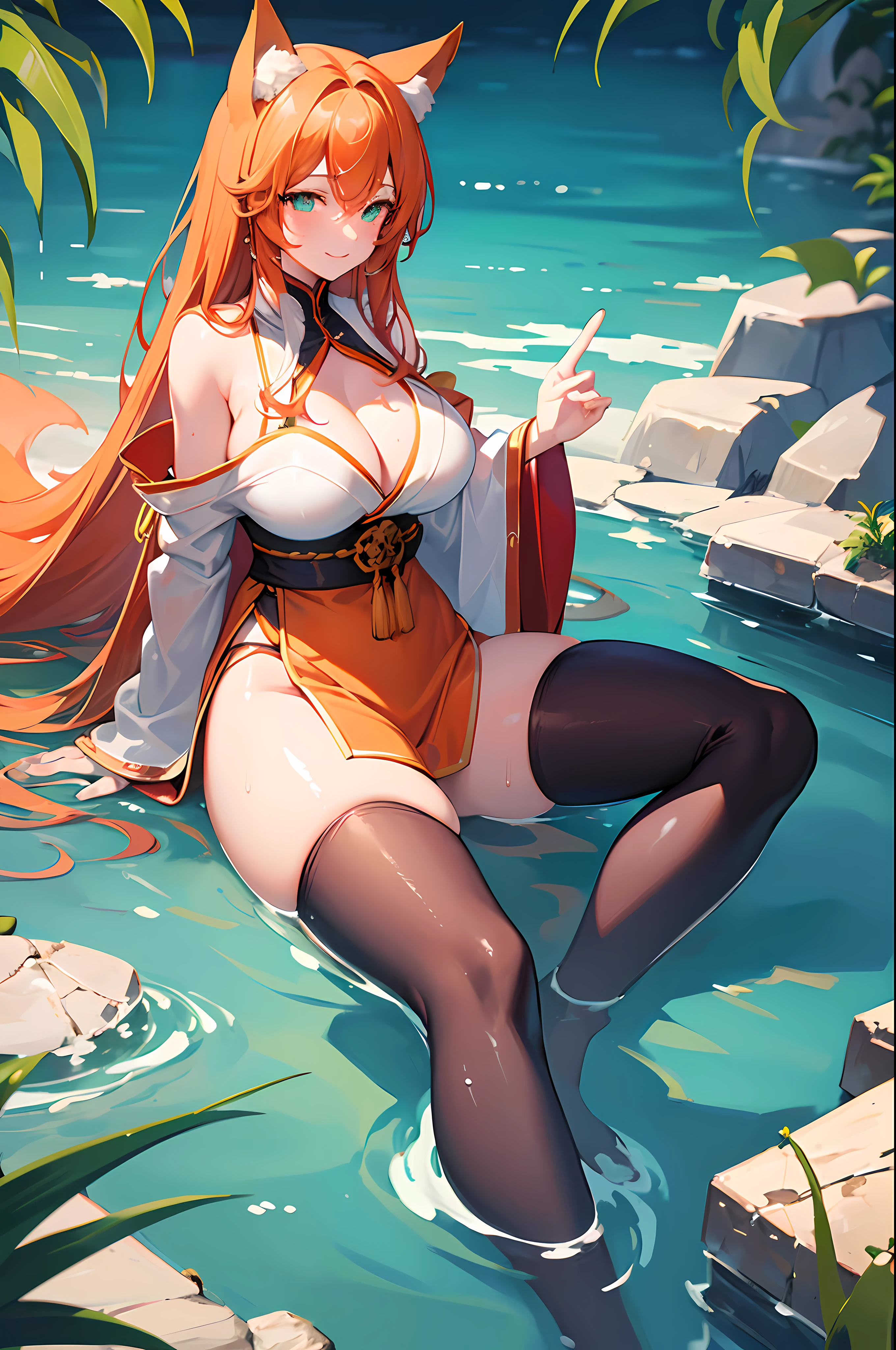 (Masterpiece, best quality, beautiful eyes, highly detailed, high res, anime), 1 girl, fox ears, fox tail, orange hair, green eyes, massive breasts, massive cleavage, Japanese priestess, Japanese dress, barefoot, seductive smile, water, temple, sexy, mature woman, wet clothes, wet skin, tight clothes, thick tights, mommy body, thick body,