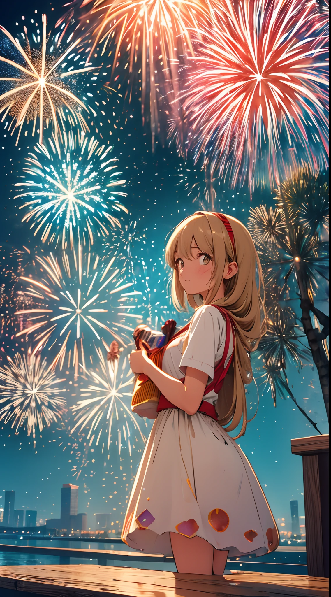 (Wide shot:1.8),, (Best quality, Masterpiece), absurderes, A high resolution, The ultra-realistice, Ultra-detailed, Perfect anatomy, (Fireworks Festival:1.8),, Beautiful night sky tilted head, ventania, Municipal lighting,((Masterpiece)), ((Best quality)), 8K, high detal, Ultra-detailed,Science fiction, fantasy, Buildings, High quality, 16k, detail, precision, Best work, So it's safe to touch. This mucus may contain air and become hairy, Or flatten under pressure, So it changes shape in various ways in the bottle. This slime is cute, Sometimes it bounces off the bottle or forms a heart shape.Alien Infusion Beverage, out-of-this-world drink, alien elixir, extracts, rare extraterrestrial plants, infused ionized energy, distant nebula, Served in a glowing glass vessel, hdr, Food photo mycelium,symetry, designs, art,Vintage bottle, Shanghai Overseas,camp,Cute,  water splash, Splash, Looks delicious,blood spatter,microcosm,Sparkling bottles on the table,Explosion,Ruchi, whole,Terrarium,Weathered, Retro,Beautiful girl, dress