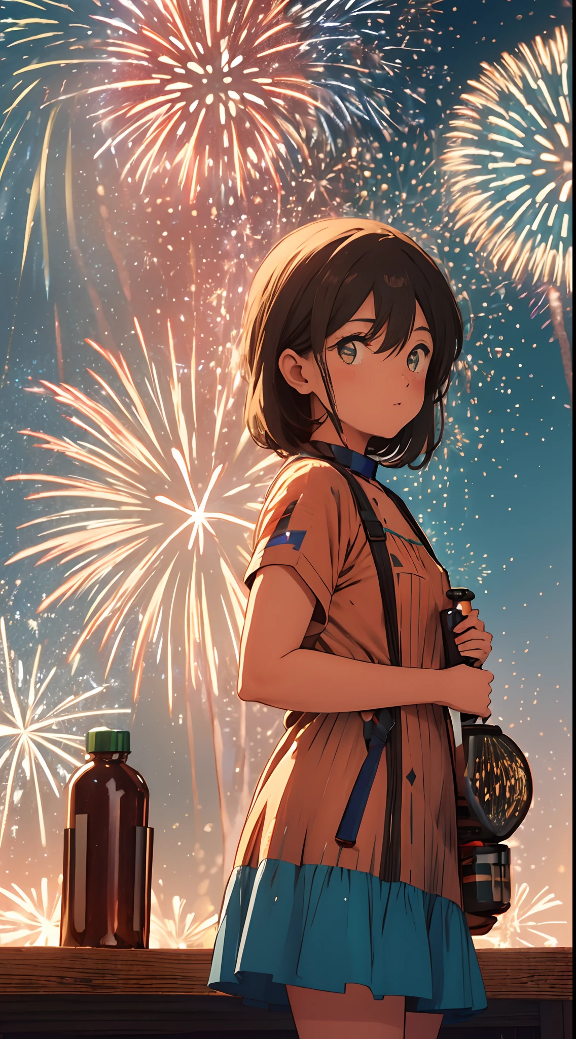 (Wide shot:1.8),, (Best quality, Masterpiece), absurderes, A high resolution, The ultra-realistice, Ultra-detailed, Perfect anatomy, (Fireworks Festival:1.8),, Beautiful night sky tilted head, ventania, Municipal lighting,((Masterpiece)), ((Best quality)), 8K, high detal, Ultra-detailed,Science fiction, fantasy, Buildings, High quality, 16k, detail, precision, Best work, So it's safe to touch. This mucus may contain air and become hairy, Or flatten under pressure, So it changes shape in various ways in the bottle. This slime is cute, Sometimes it bounces off the bottle or forms a heart shape.Alien Infusion Beverage, out-of-this-world drink, alien elixir, extracts, rare extraterrestrial plants, infused ionized energy, distant nebula, Served in a glowing glass vessel, hdr, Food photo mycelium,symetry, designs, art,Vintage bottle, Shanghai Overseas,camp,Cute, water splash, Splash, Looks delicious,blood spatter,microcosm,Sparkling bottles on the table,Explosion,Ruchi, whole,Terrarium,Weathered, Retro,Beautiful girl, dress