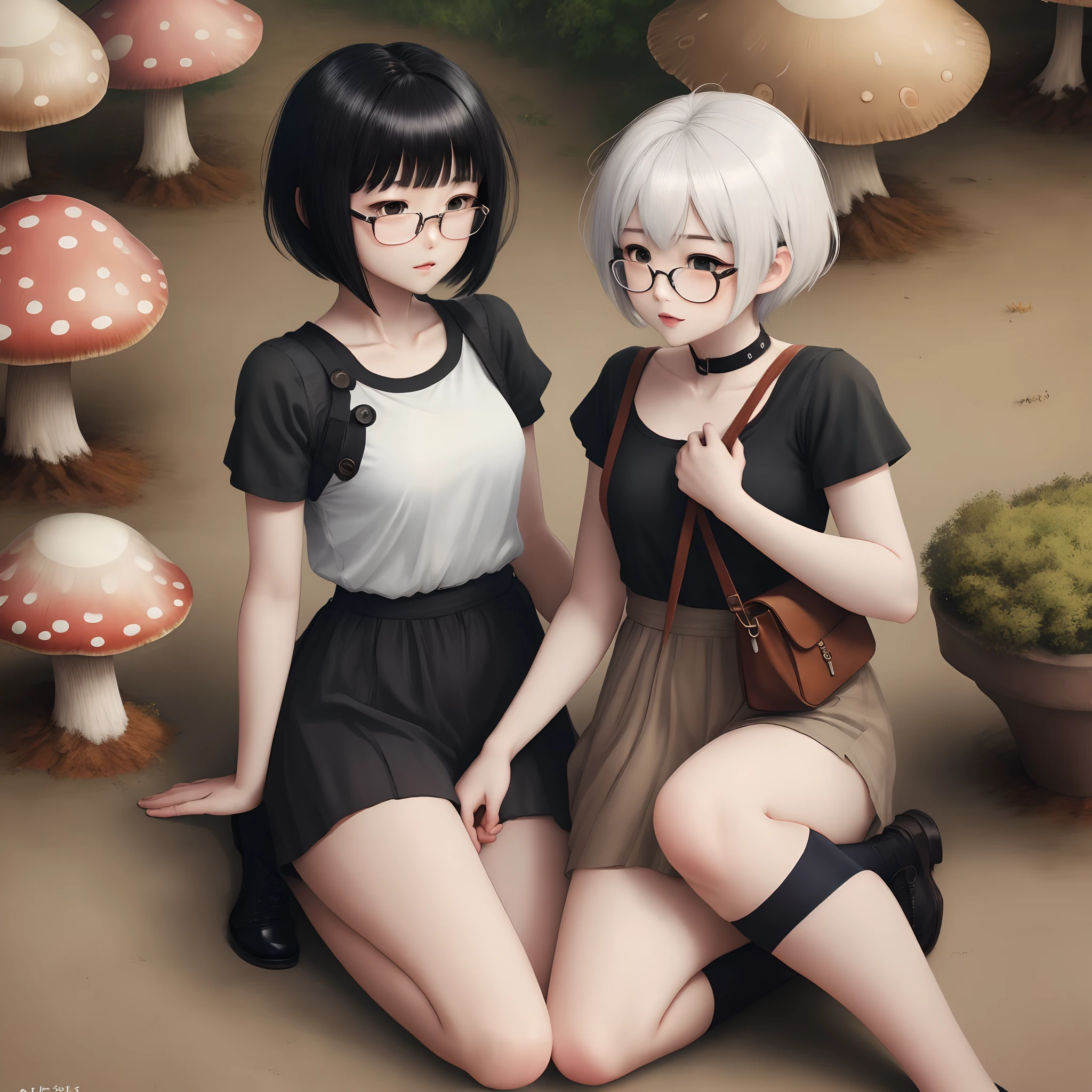 Old manga short hair black mushroom head,White short sleeves and glasses
