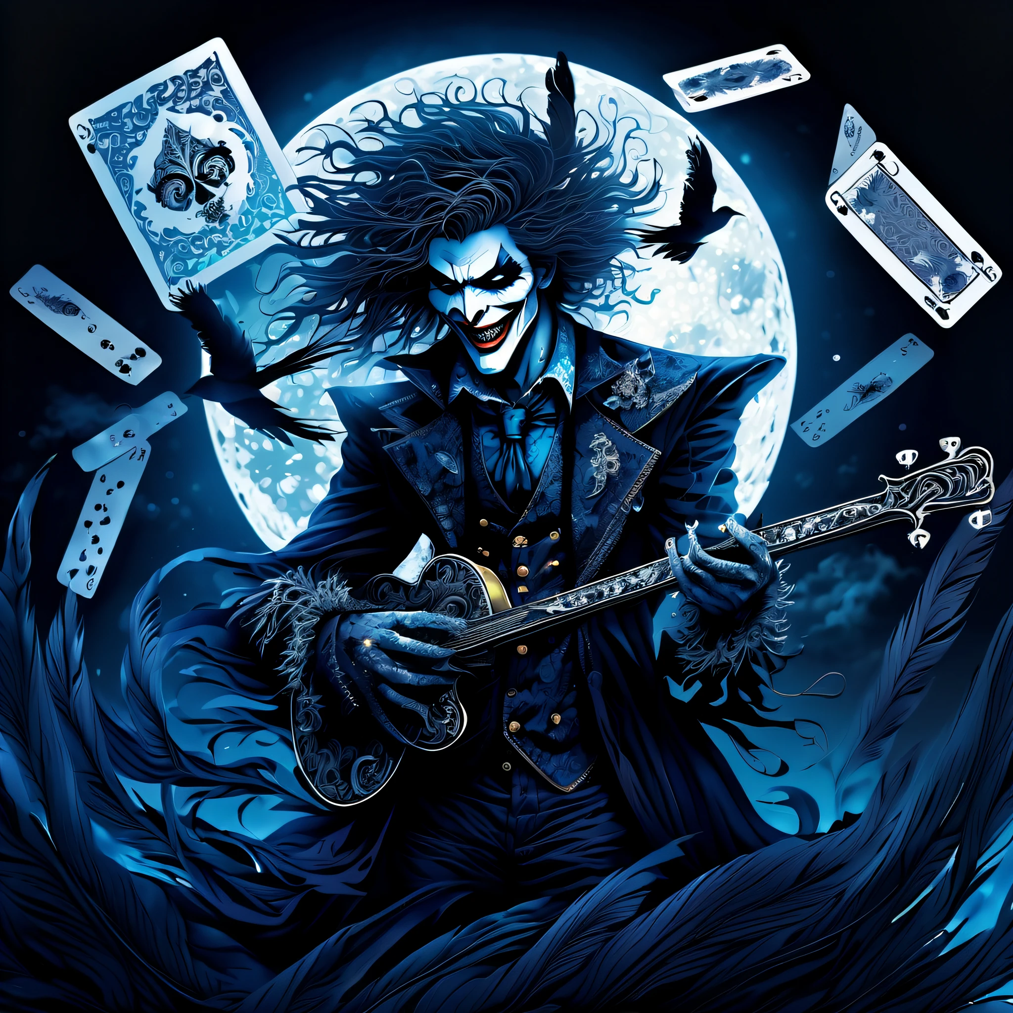 distant melody of playing cards joker illustration, crushing darkness, ancient magic atmosphere, single flower of courage, flower sword, fused azure long messy with shaggy hair and freeze motion and blowing glow, undead crawling out from underground of dark fantasy, trembling earth, the dark trumpeter who plays the time of death, (((intricate insane details:1.3))), (((extremely details:1.3))), (((highly quality:1.3))), (high resolution:1.3), awe glow moon lighting, (black feathers dance:1.2), high contrast, dream illustration of a dying world, fused azure long messy with shaggy hair and freeze motion and blowing glow,