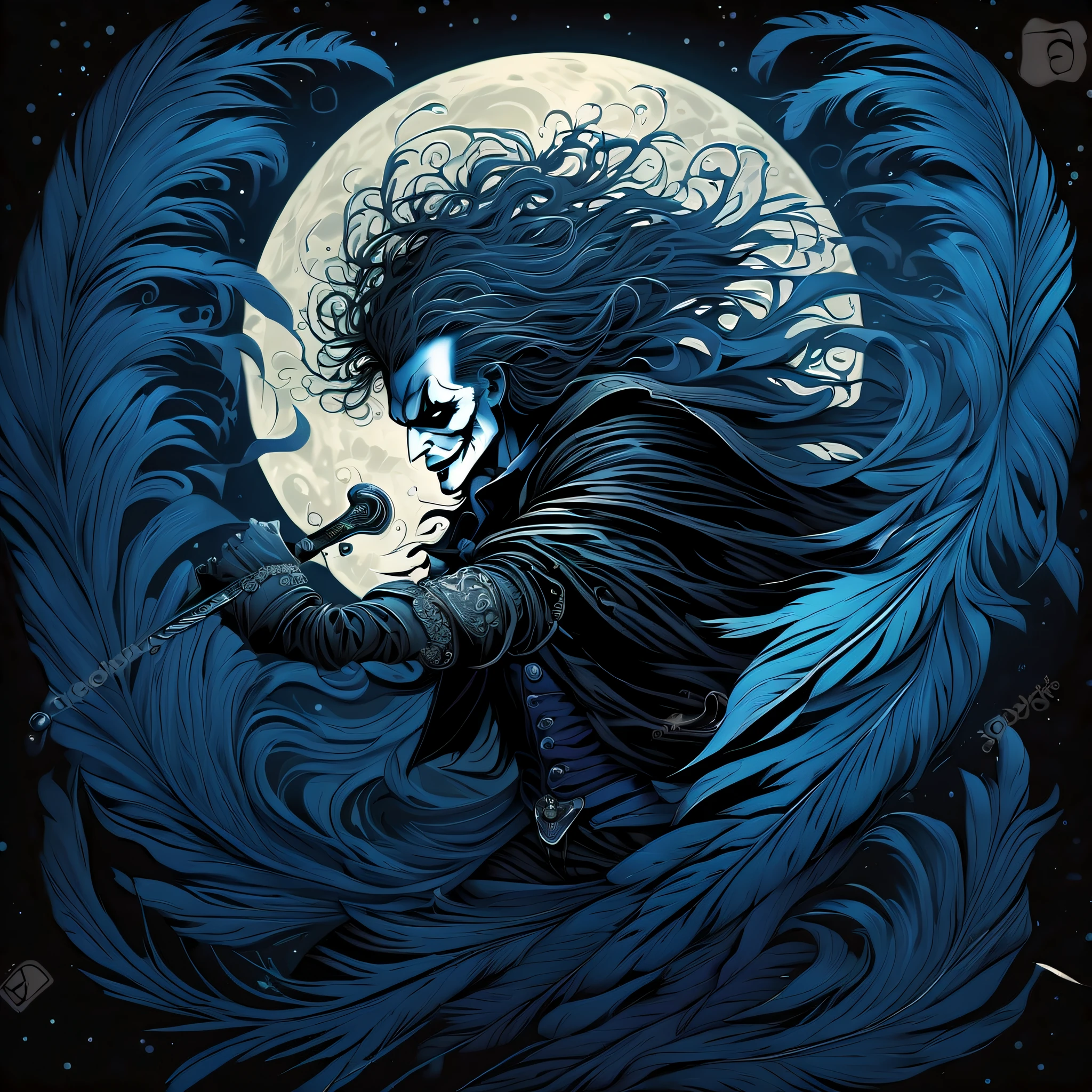 distant melody of playing cards joker illustration, crushing darkness, ancient magic atmosphere, single flower of courage, flower sword, fused azure long messy with shaggy hair and freeze motion and blowing glow, undead crawling out from underground of dark fantasy, trembling earth, the dark trumpeter who plays the time of death, (((intricate insane details:1.3))), (((extremely details:1.3))), (((highly quality:1.3))), (high resolution:1.3), awe glow moon lighting, (black feathers dance:1.2), high contrast, dream illustration of a dying world, fused azure long messy with shaggy hair and freeze motion and blowing glow,