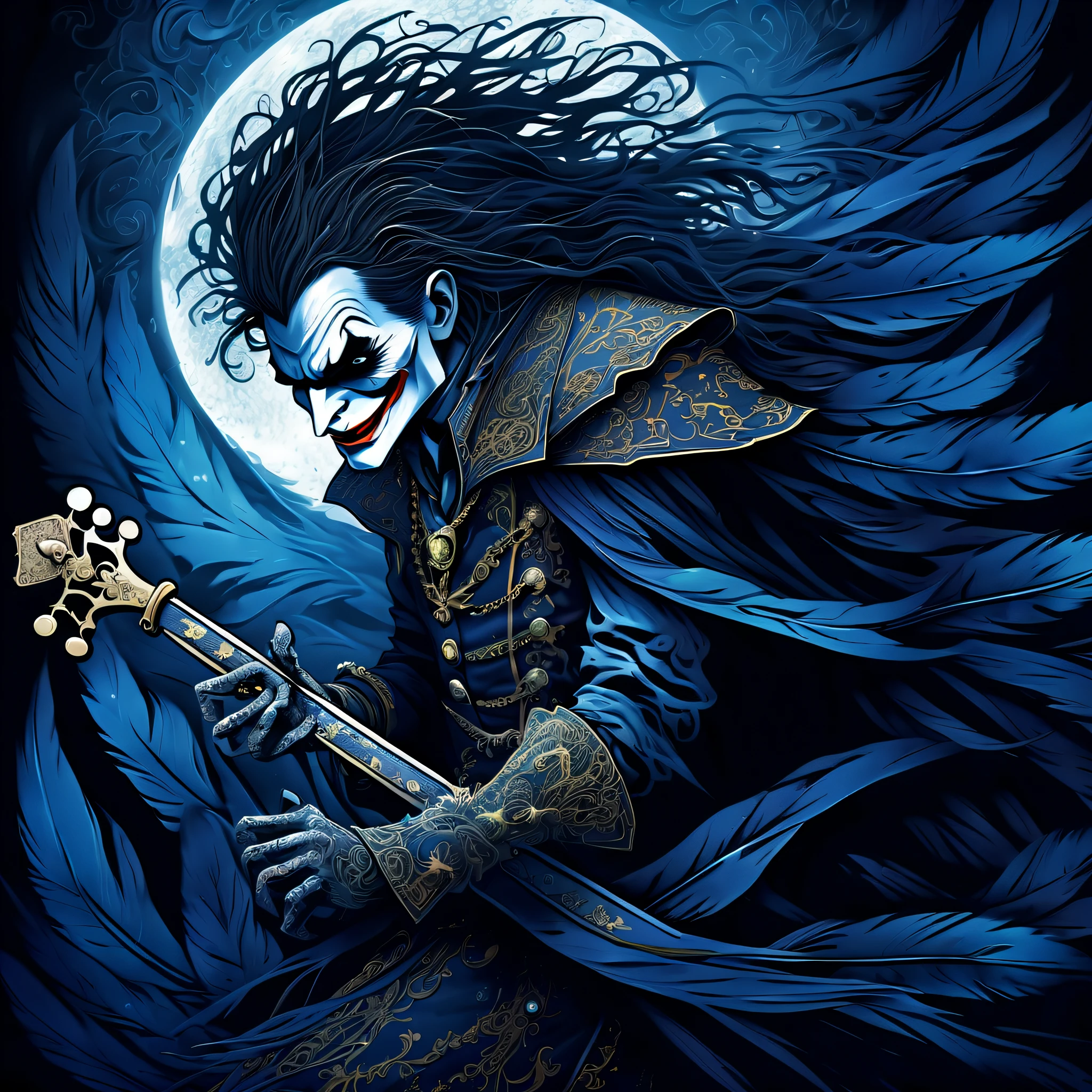 distant melody of playing cards joker illustration, crushing darkness, ancient magic atmosphere, single flower of courage, flower sword, fused azure long messy with shaggy hair and freeze motion and blowing glow, undead crawling out from underground of dark fantasy, trembling earth, the dark trumpeter who plays the time of death, (((intricate insane details:1.3))), (((extremely details:1.3))), (((highly quality:1.3))), (high resolution:1.3), awe glow moon lighting, (black feathers dance:1.2), high contrast, dream illustration of a dying world, fused azure long messy with shaggy hair and freeze motion and blowing glow,