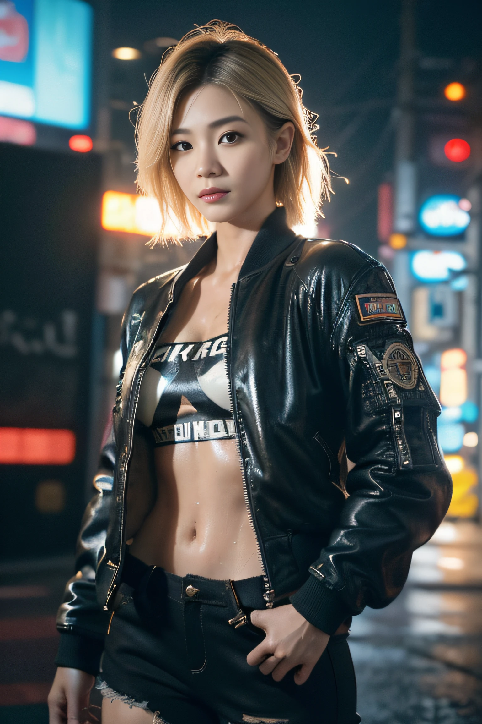 (masterpiece:1.2), ultra detailed, ultra high res, (realistic, photo realistic:1.37), high detail RAW color photo, professional photograph, an extremely delicate and beautiful, extremely detailed, finely detail, huge file size, extremely detailed korean man and woman, extremely detailed face, extremely detailed eyes, extremely detailed skin, extremely detailed nose, extremely detailed mouth, perfect anatomy, highly detailed background, shiny skin, (Japanese famous actress:1.5), (gyaru:1.25), flat chest, (brown race, dark skin, blond hair), (very short hair), cinematic lighting, (any Pose:1.3), cowboy shot, denim pants, (wearing black air bomber jacket with many patches:1.3), (cyberpunk city:1.45), looking away,