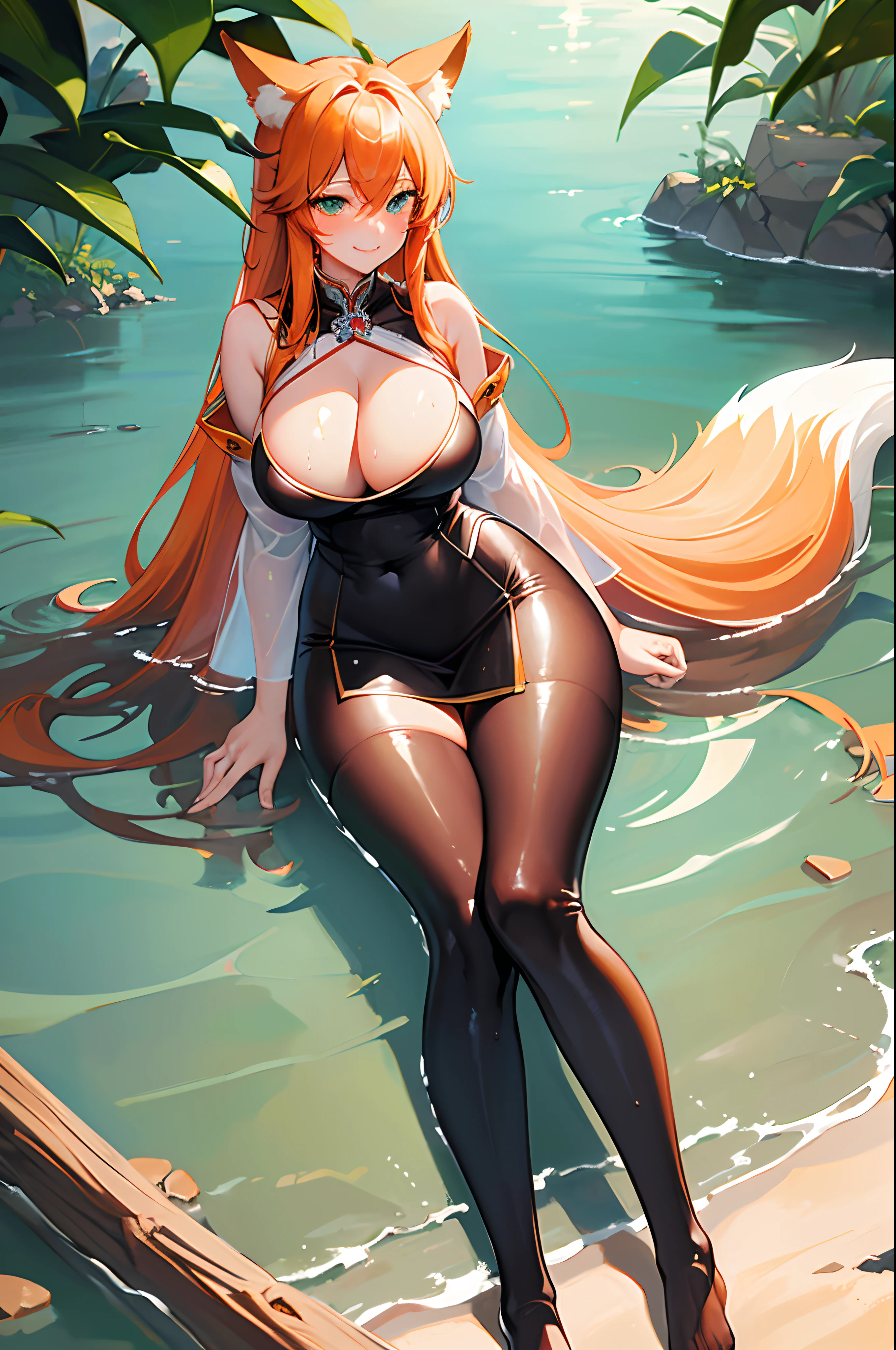 (Masterpiece, best quality, beautiful eyes, highly detailed, high res, anime), 1 girl, fox ears, fox tail, orange hair, green eyes, massive breasts, massive cleavage, Japanese priestess, Japanese dress, barefoot, seductive smile, water, temple, sexy, mature woman, wet clothes, wet skin, tight clothes, thick tights,