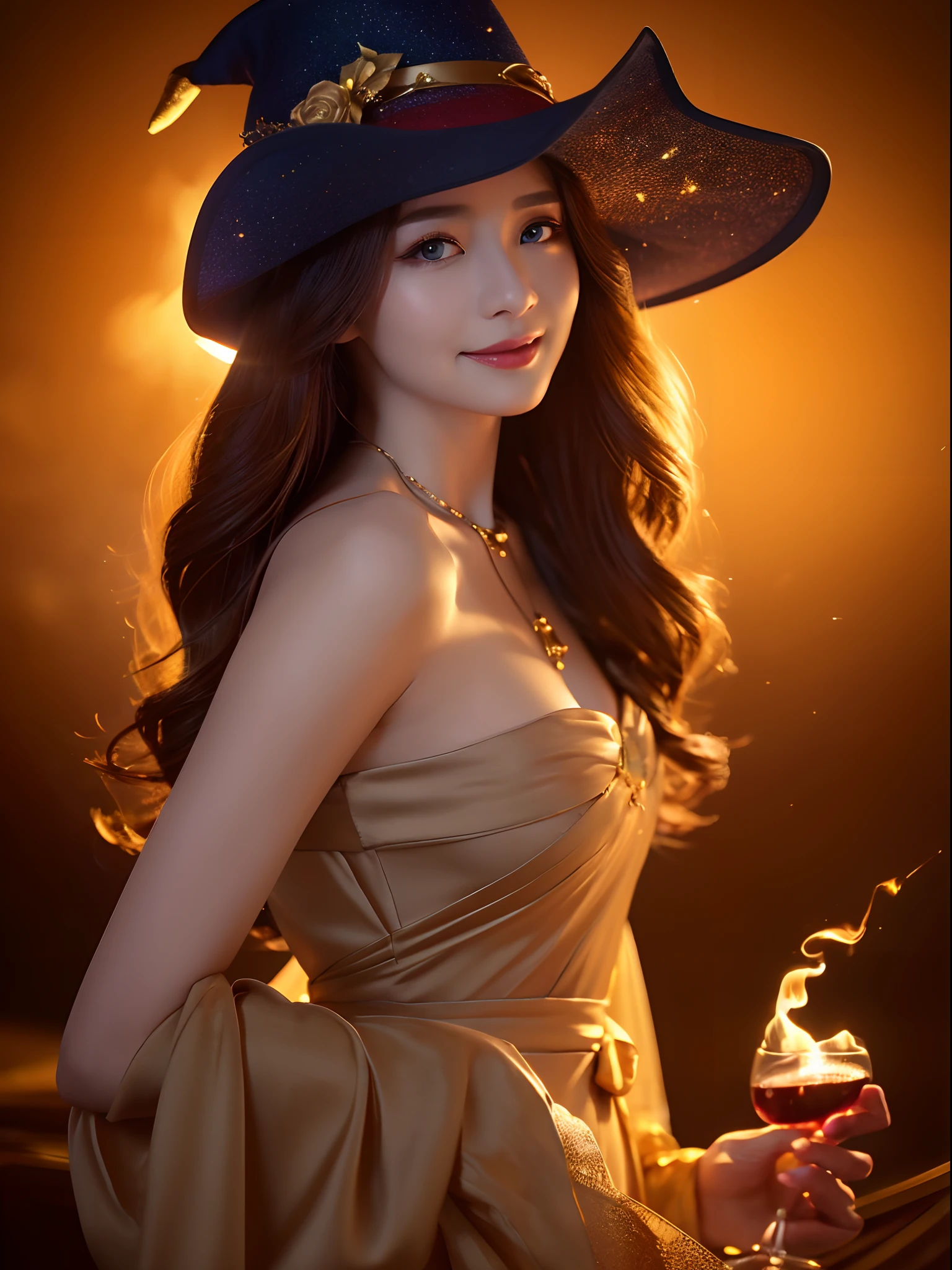 (the Extremely Detailed CG Unity 8K Wallpapers、​masterpiece、top-quality、ultra-detailliert)、(Seductive and seductive girl with shining golden hair and majestic witch hat decorated with bewitching red roses)、Look at viewers、(The upper part of the body:1.3)、(dynamic ungle、Dazzling blue eyes、Exquisite necklace、seducting smile)、(Magic and mystery background、fireflys、glowing particles、Ethereal fog、 And a touch of darkness)、a high chroma、Cinematic light、Rim Lighting、Best Shadows、(red wine、Have a wine glass)