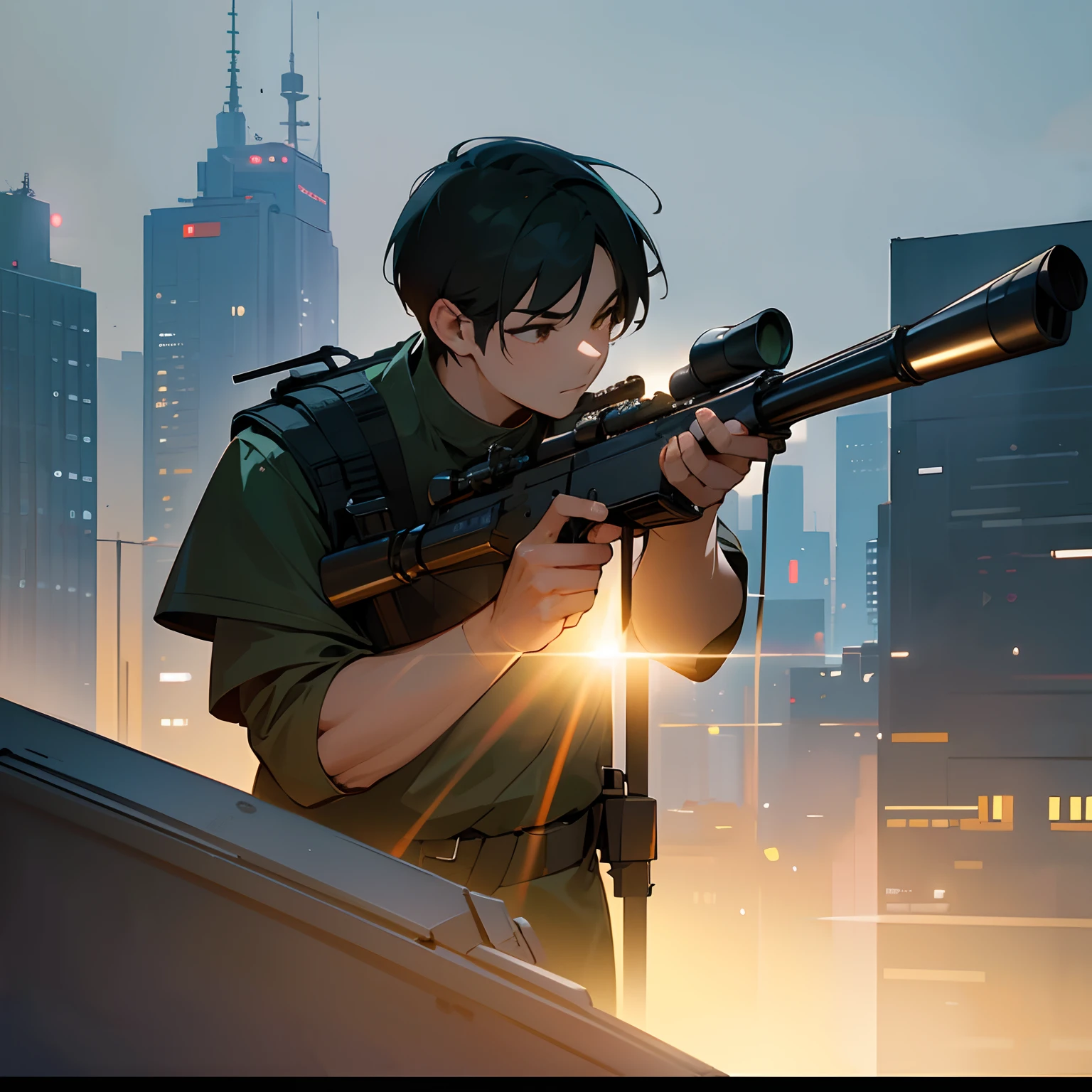 Close-up view, For a man with a sniper rifle, Desire to shoot it, black short hair, military uniform, Deep Look, In a city above a building, sharp focus, Contrast lighting, delicate skin, 8K HD, Insanely detailed, Realistic, Take professional photos, 8K UHD, SLR Camera, Soft lighting, highs quality, Filmgreen, Fujifilm XT3,Keep your mouth closed,Particle FX,Best Quality, 巨作