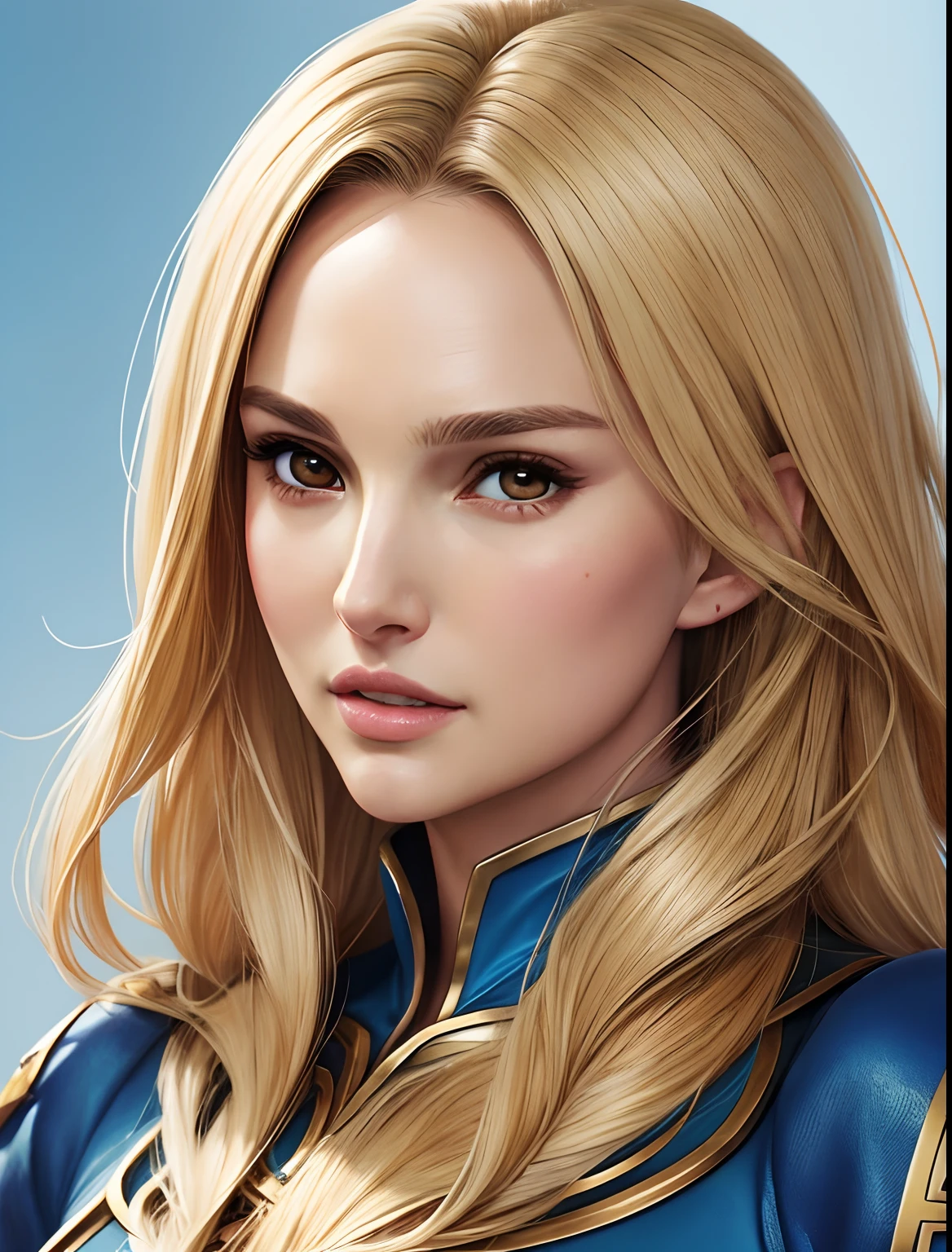 a anime woman,natalie portman with blonde hair and a blue dress is looking at the camera, rossdraws 1. 0, portrait knights of zodiac girl, fantasy art style, fantastic artstyle, kawaii realistic portrait, artgerm style, style artgerm, digital anime art, stunning art style, ! dream artgerm, digital anime illustration, in style of artgerm