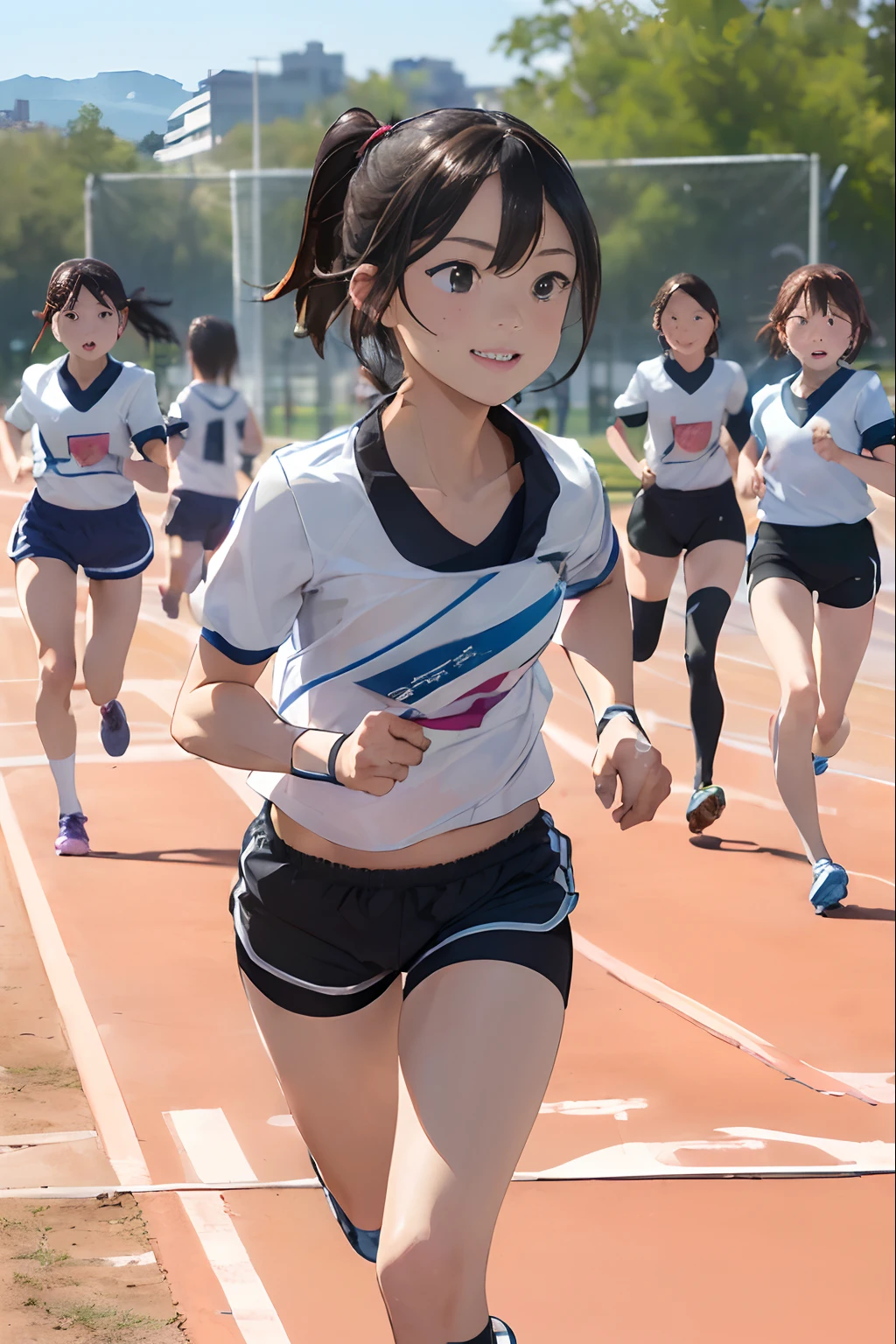 (in 8K, Best Quality, masterpiece:1.1, ultra detailed:1.2), ((realistic:1.3, photo realistic:1.5, dutch angle:1.2, NSFW)), ((1 running Girl:1.5)), ((Fine and beautiful black eyes:1.5)),(yo),from the front,(((goal tape in front of her:1.5,Athletics at school ground:1.5,5 girls runners behind,sports day:1.2))),(simple gym clothes:1.5,short sleeve and shorts:1.5),short hair,happy smile:1.2,(outdoor:1.2),clearsky,