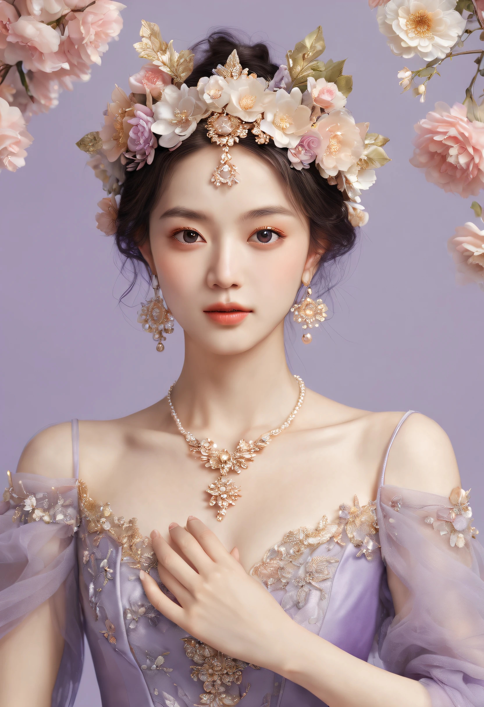 (Best quality,8K,A high resolution,Masterpiece:1.2),Ultra-detailed,(Realistic,Photorealistic,photo-realistic:1.37),Creative style artwork,Historical,classical,Sophisticated,plethora of colors,Highly detailed,Soft lighting,luxurious environment,detailed gown,Vibrant flowers,detailed jewellery,Ethereal atmosphere,Elegant Pose,Graceful curves,Gold body proportions,Flowing hair,Breathtaking textile patterns,Delicate floral decoration,A dazzling array of crystal accessories,Mysterious and dreamy atmosphere,Impeccable attention to detail,purpleish color