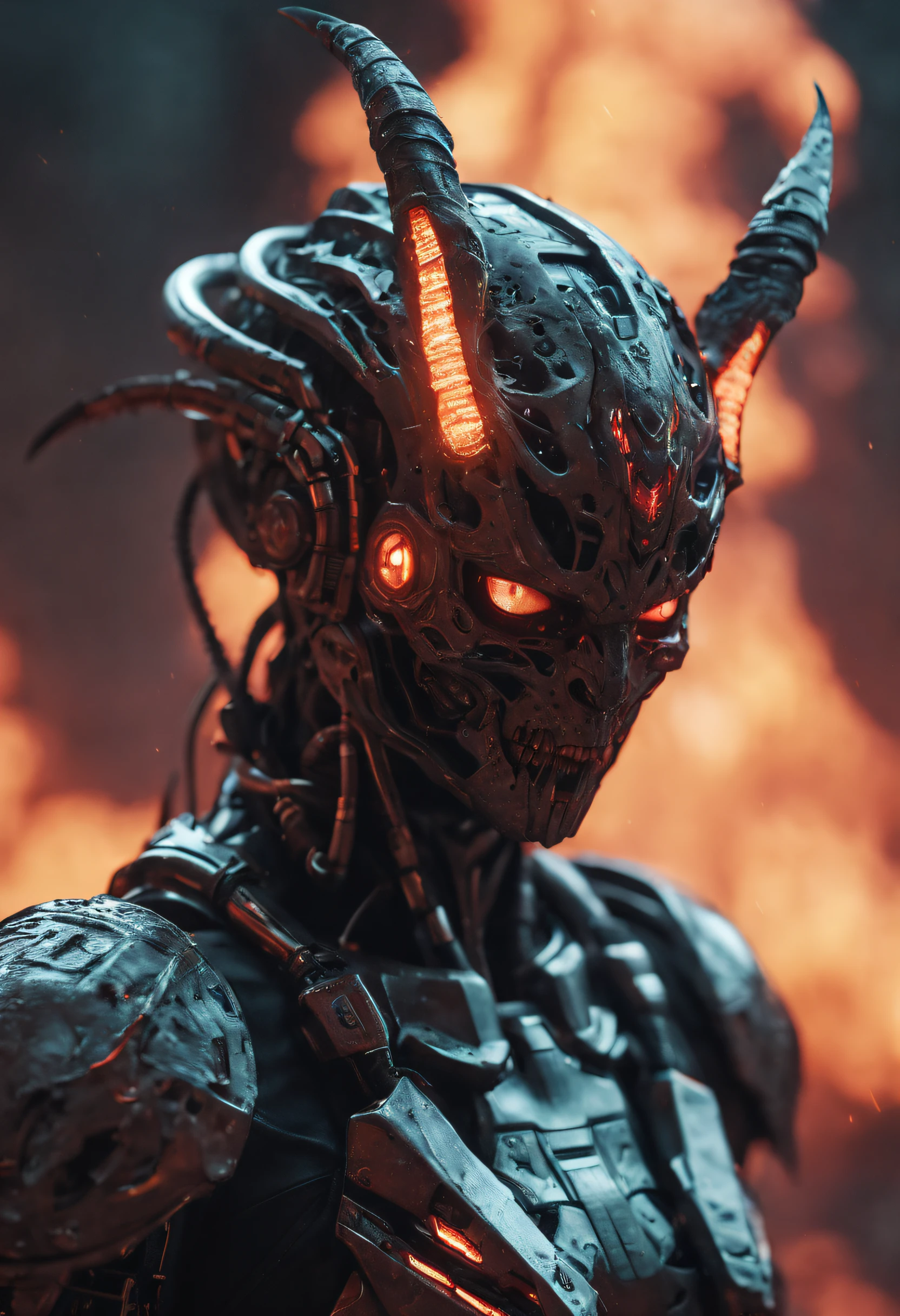 cinematic photo breathtaking biomechanical cyberpunk 1demon, fullbody,bulky creature, extremely futuristic diablo helmet with leds, fire lake, in the hell, hellfire, hell background, dying bodies sunk in the lake of lava and fire. souls agonizating in the lake of fire. 1 diablo lord, ((bulky)). [SK_Cyberpunk:0.25], . cybernetics, human-machine fusion, dystopian, organic meets artificial, dark, intricate, highly detailed . award-winning, professional, highly detailed . 35mm photograph, film, bokeh, professional, 4k, highly detailed