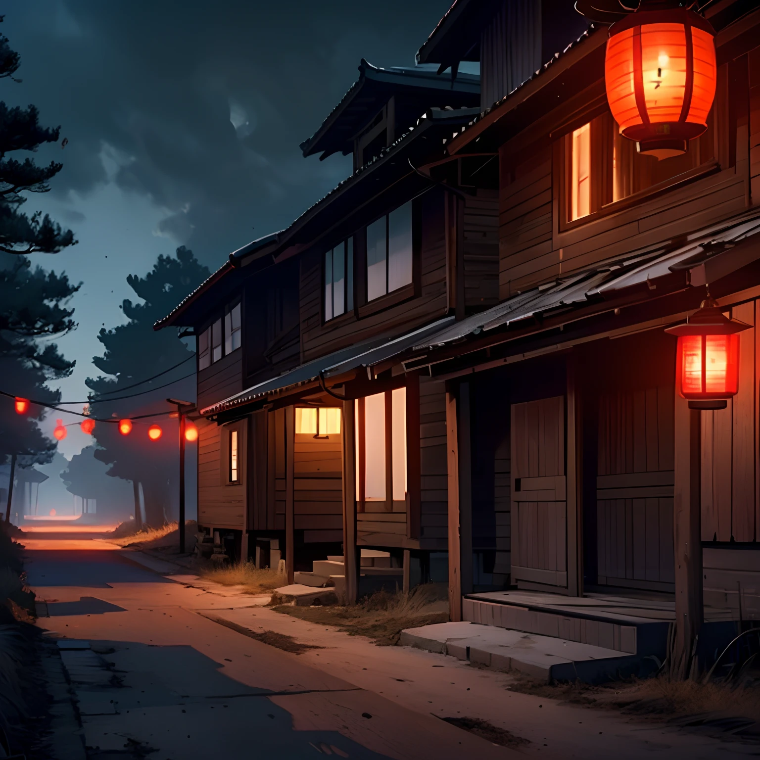 the night,Rural barren forest,There is a dirt road leading to a gloomy old house,There are several red lanterns hanging in front of the ancient house