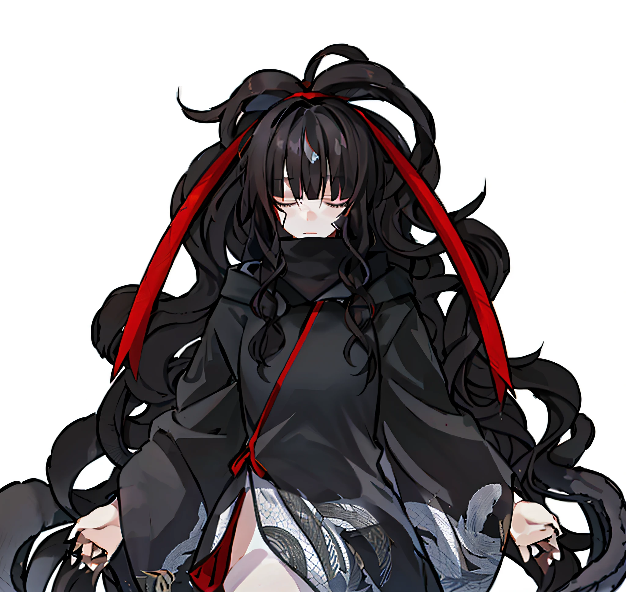 girl, long wavy black hair tied in a ponytail, closed eyes, red ribbon, black haori with with snake patterns, scales on the cheeks, a white kimono underneath, soft shadows