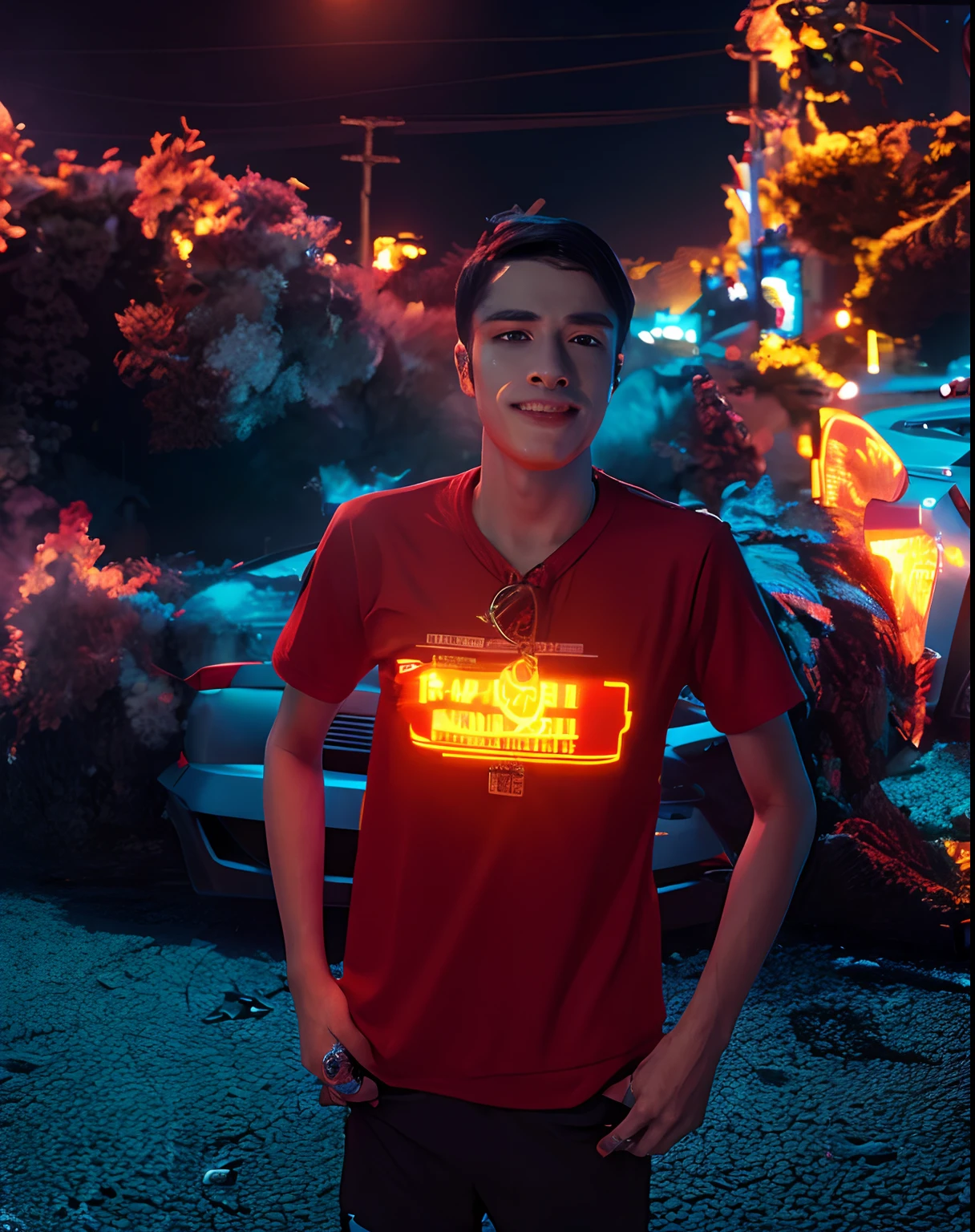 Change background cyberpunk handsome boy, realistic face. 8k ultra realistic.