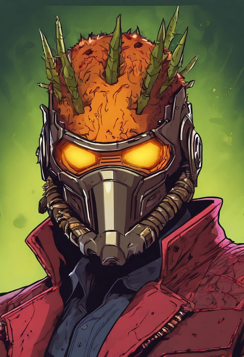 hauntingly scary starlord - a menacing starlord, his suit adorned with rusted spikes and twisted vines, his haunting gaze piercing through the darkness."