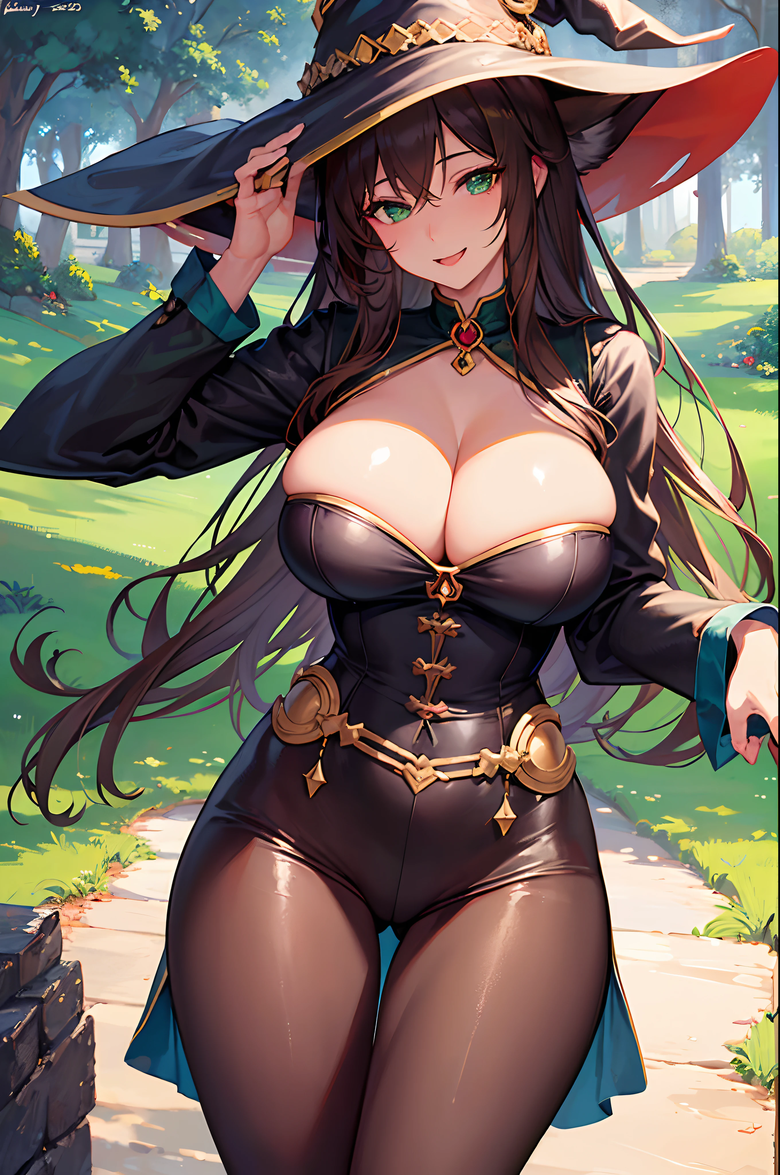 (Masterpiece, best quality, beautiful eyes, highly detailed, high res, anime), 1 girl, fox ears, fox tail, dark brown hair, green eyes, sexy, mature woman, witch, witch hat, teacher, massive breasts, massive cleavage, seductive smile, thick tights, mommy body,