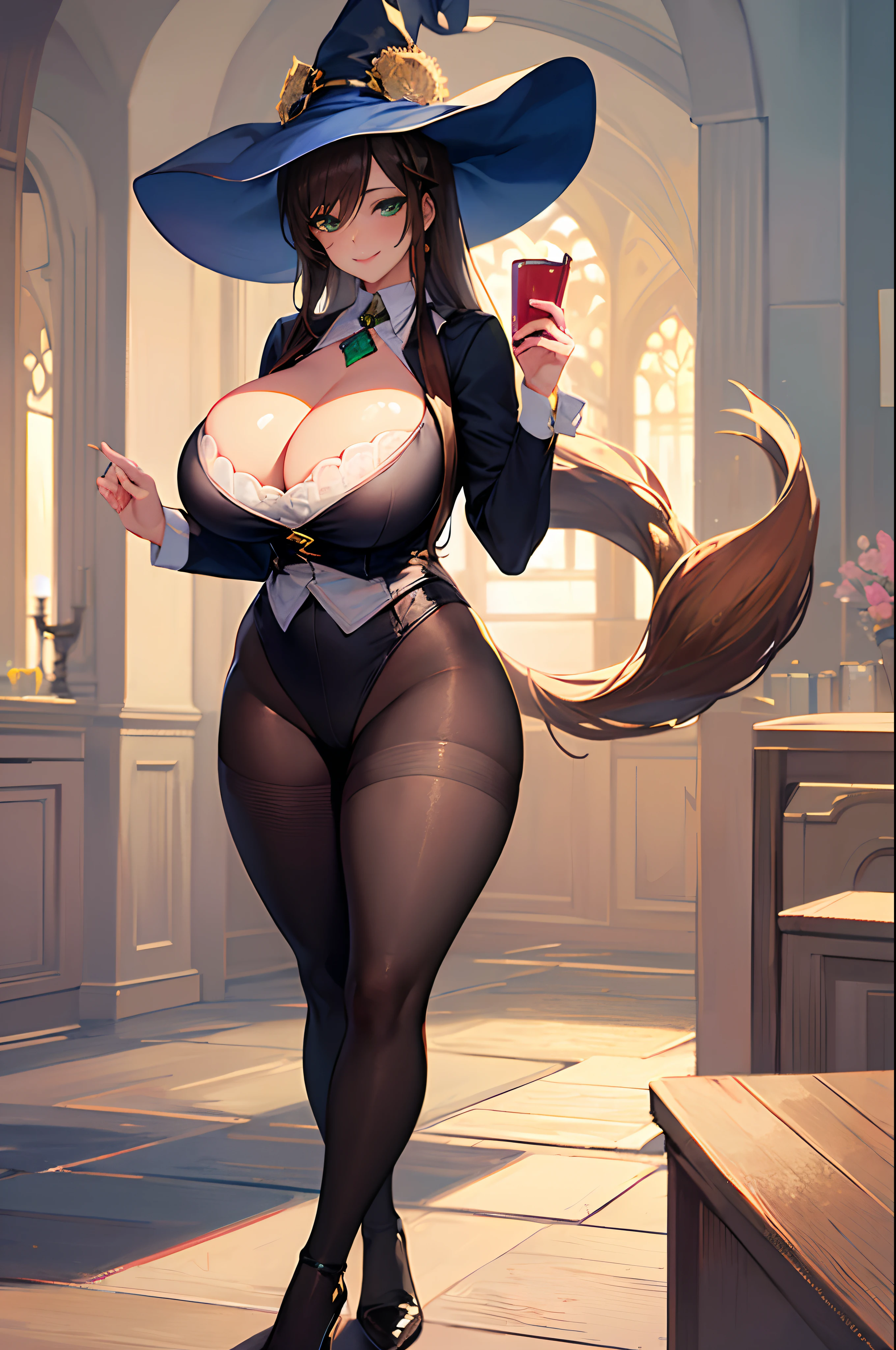(Masterpiece, best quality, beautiful eyes, highly detailed, high res, anime), 1 girl, fox ears, fox tail, dark brown hair, green eyes, sexy, mature woman, witch, witch hat, teacher, massive breasts, massive cleavage, seductive smile, thick tights, mommy body,