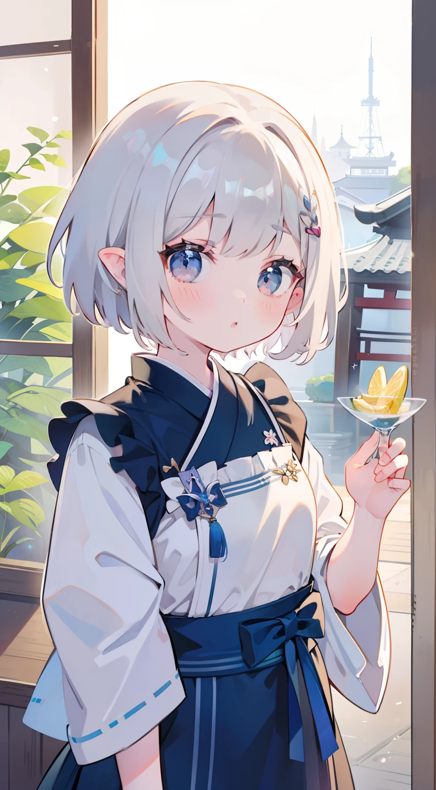 One girl、silber hair、Short Bob Hair、cute little、small tits、Elven ears、masterpiece、top-quality、Top image quality、Japanese style maid、、frilld